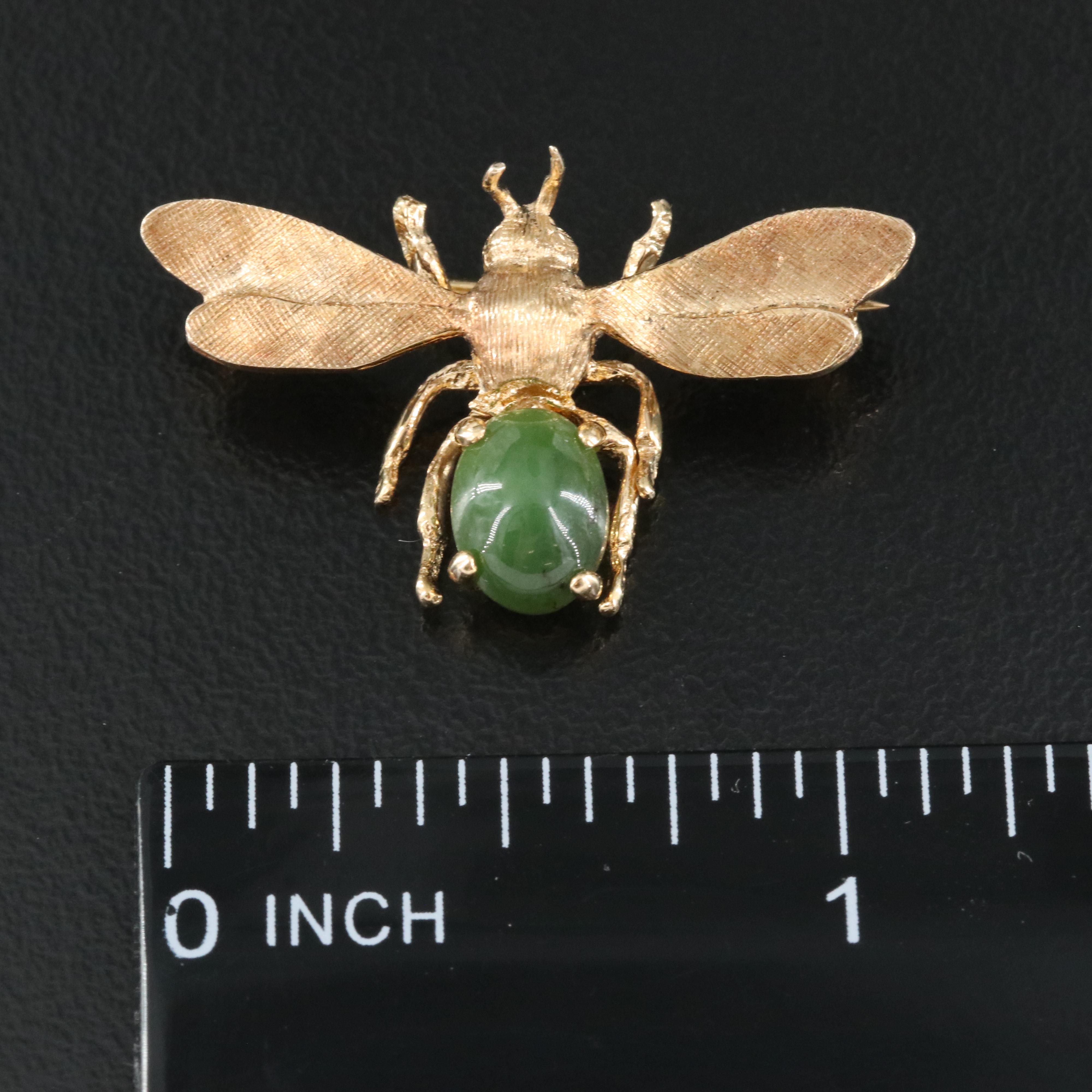 14K Nephrite Insect Brooch with Dog Charm