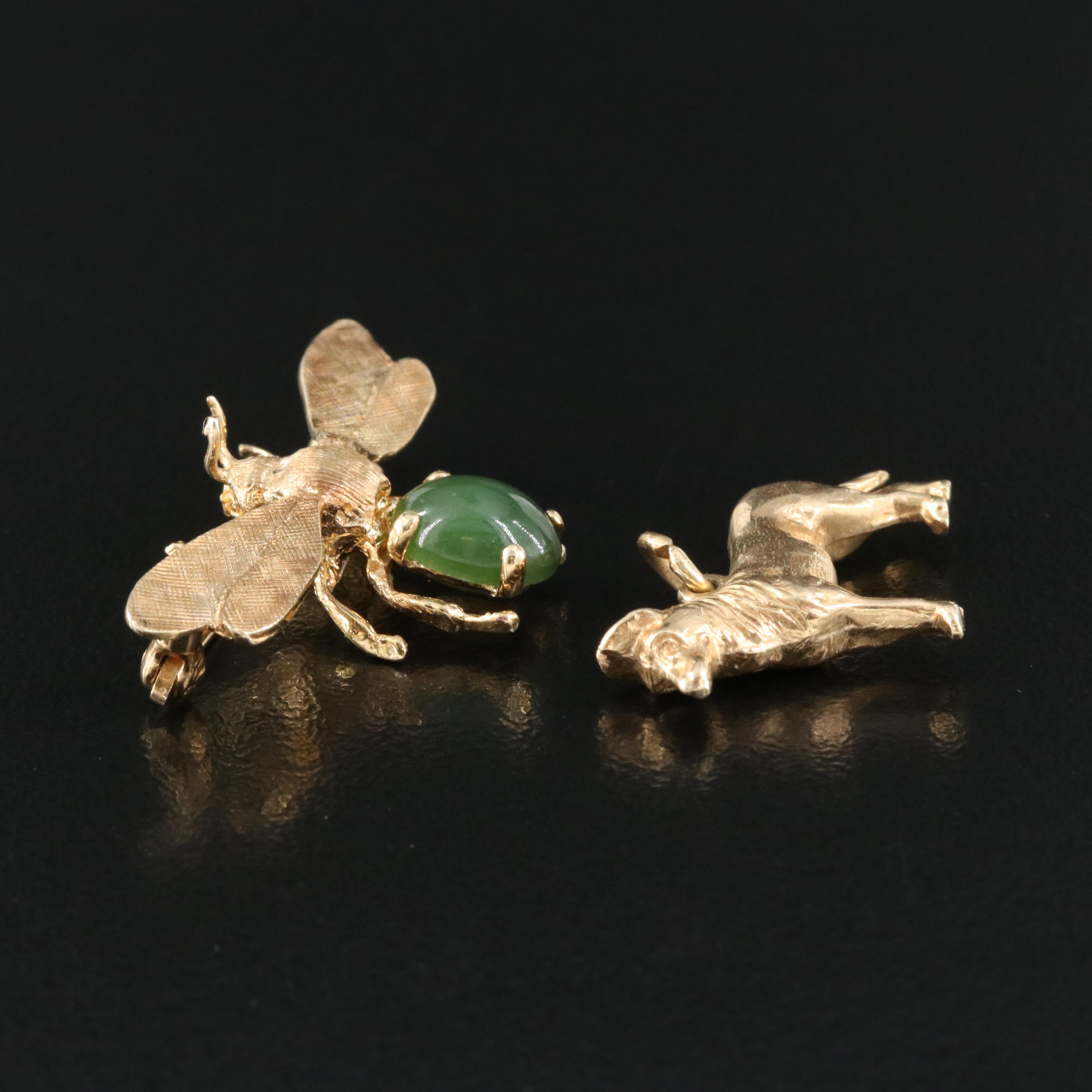 14K Nephrite Insect Brooch with Dog Charm