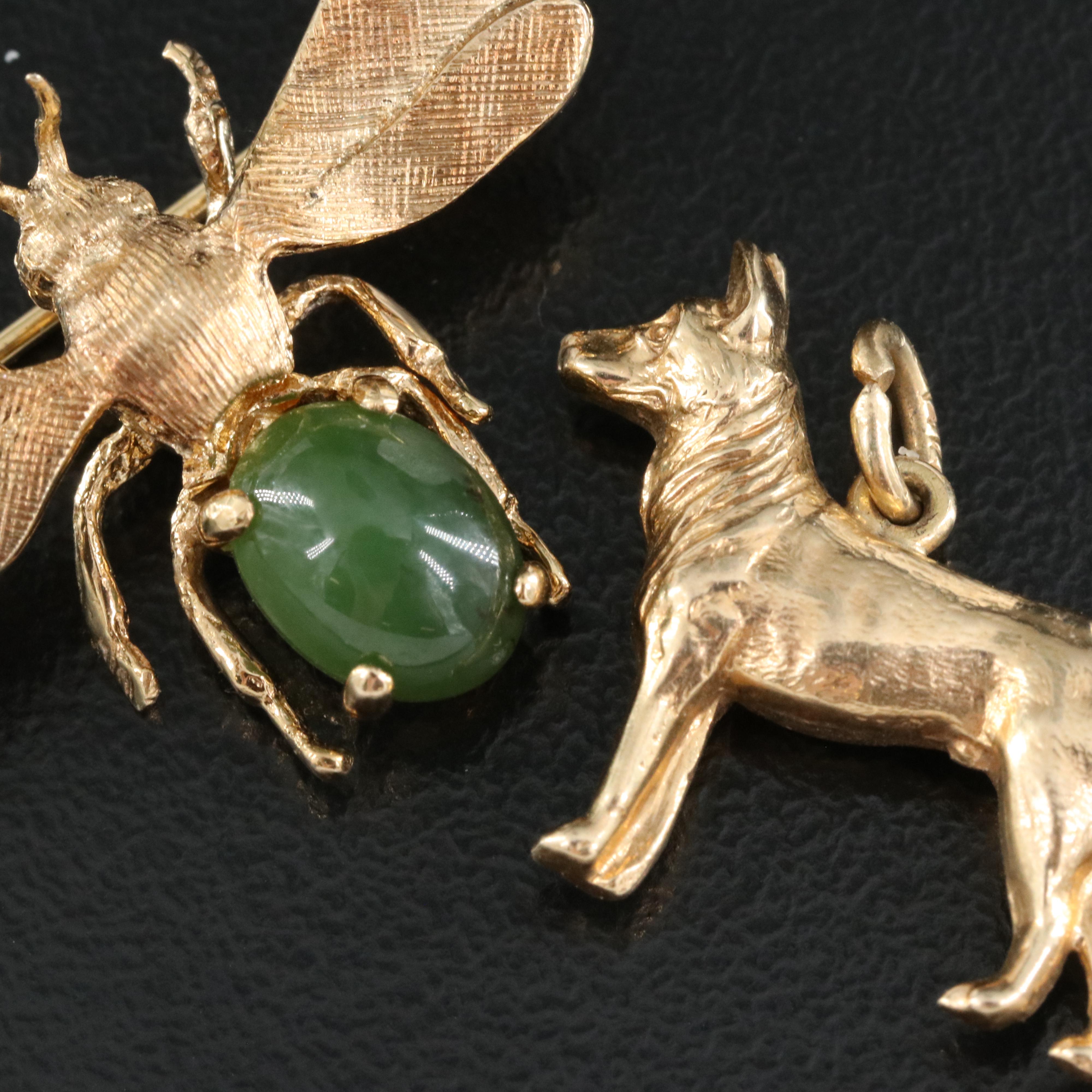 14K Nephrite Insect Brooch with Dog Charm