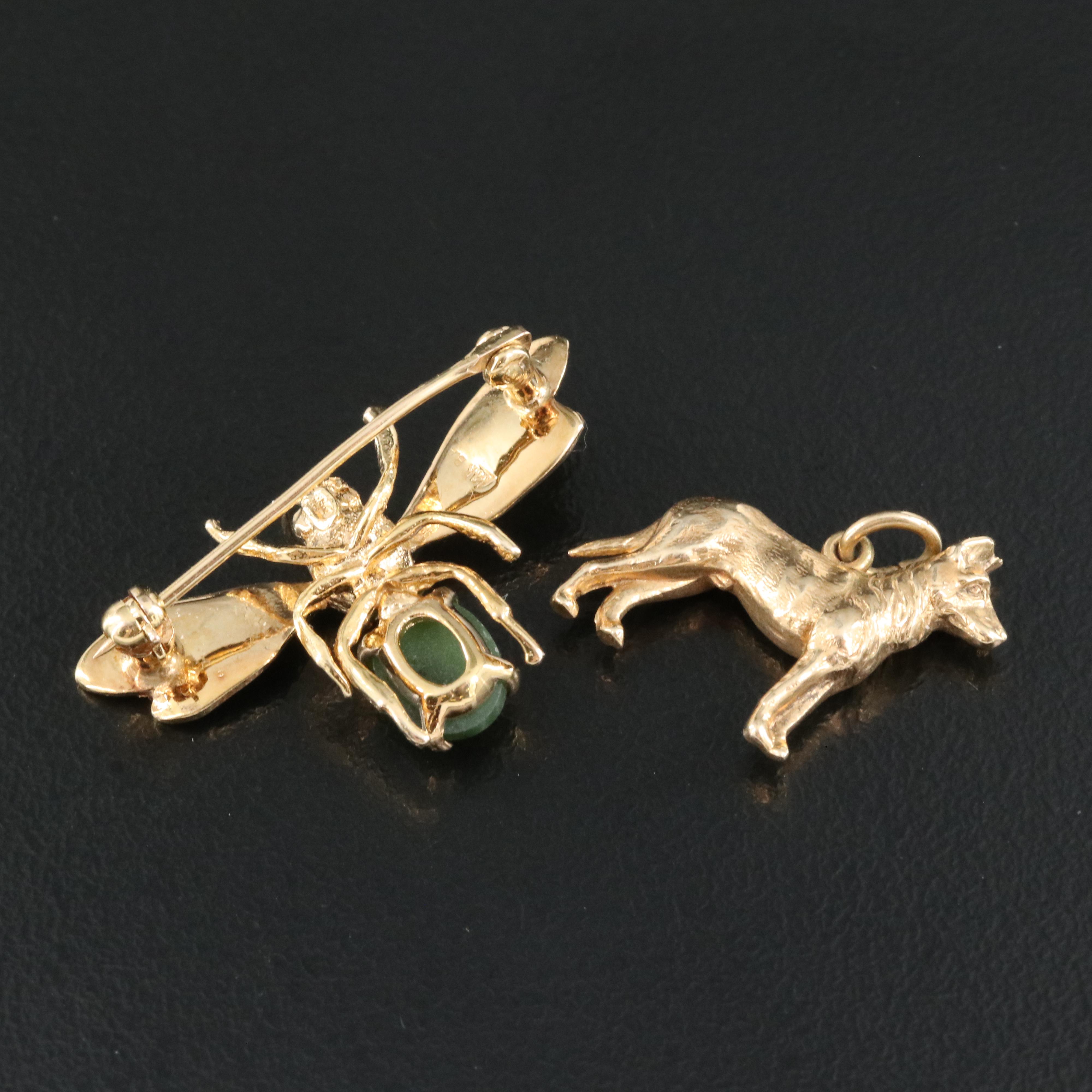 14K Nephrite Insect Brooch with Dog Charm