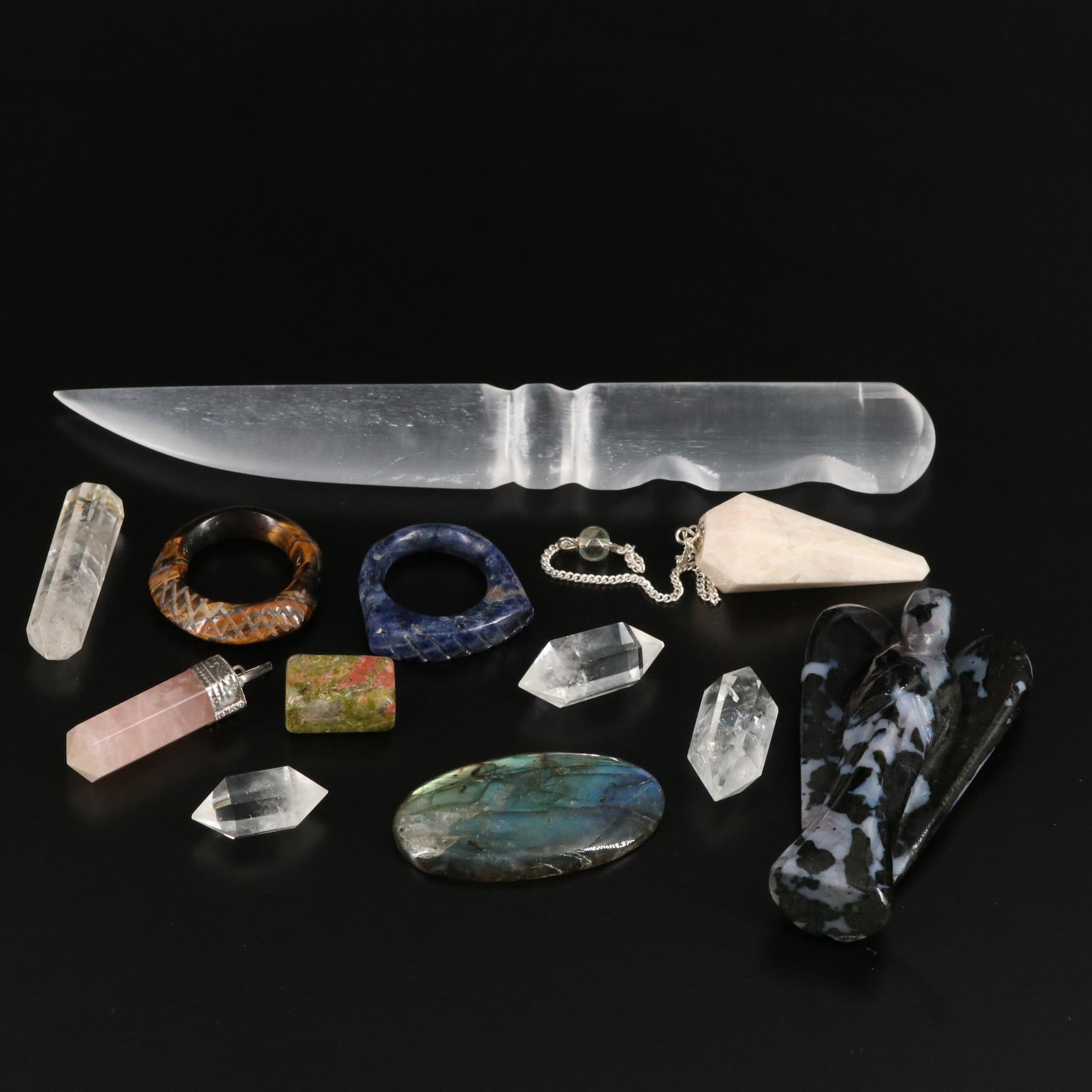 Labradorite, Quartz and Selenite Rings, Pendants and Letter Opener