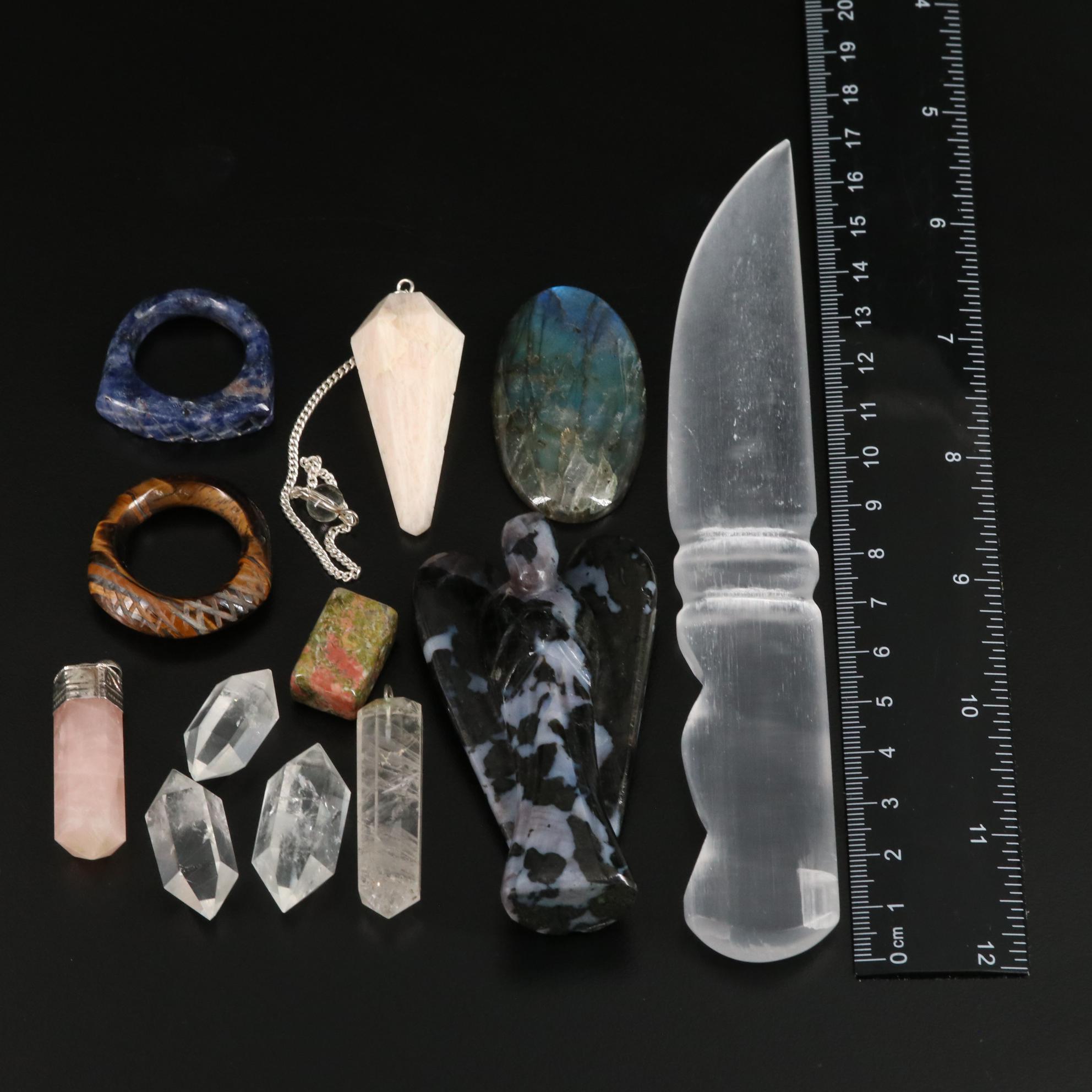 Labradorite, Quartz and Selenite Rings, Pendants and Letter Opener