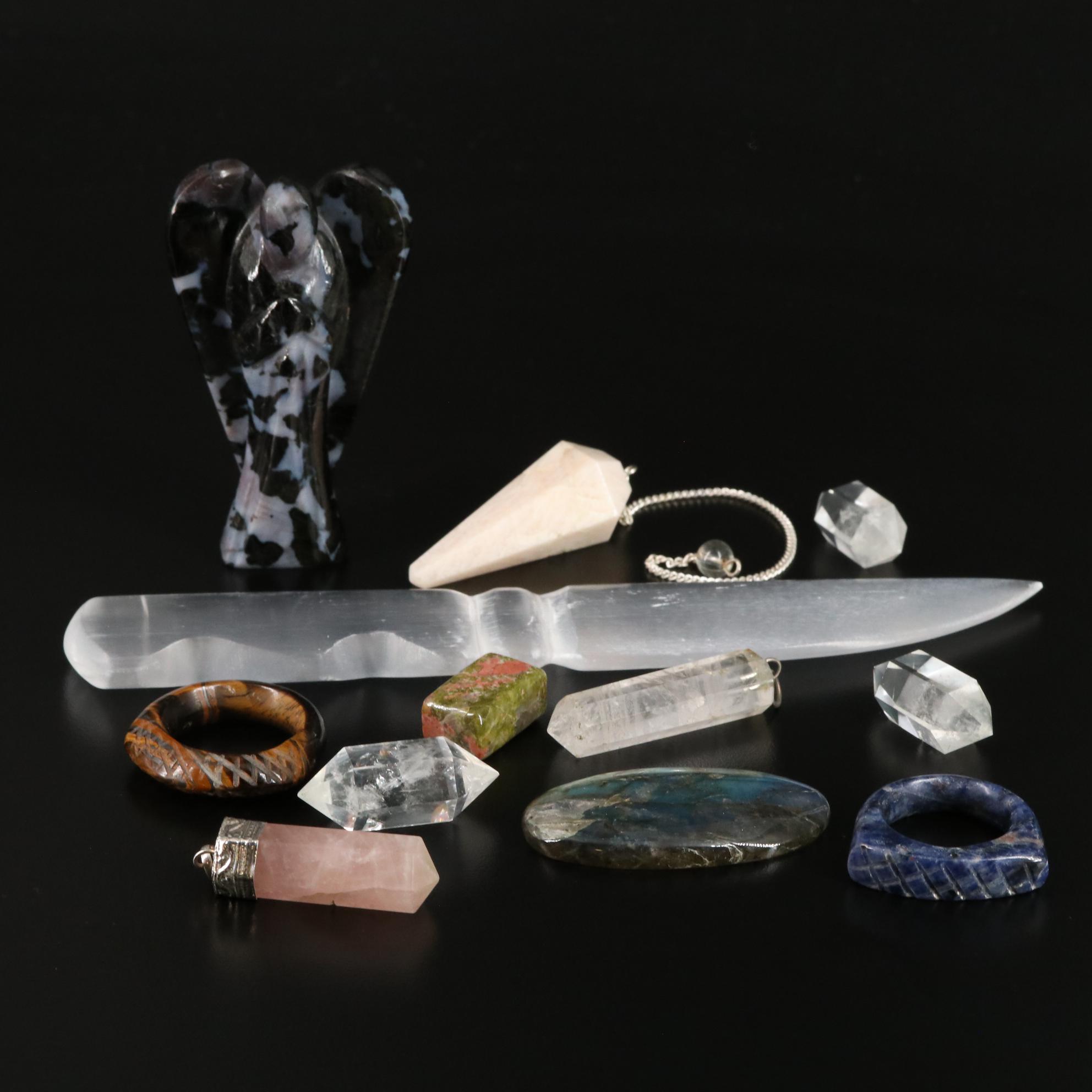 Labradorite, Quartz and Selenite Rings, Pendants and Letter Opener