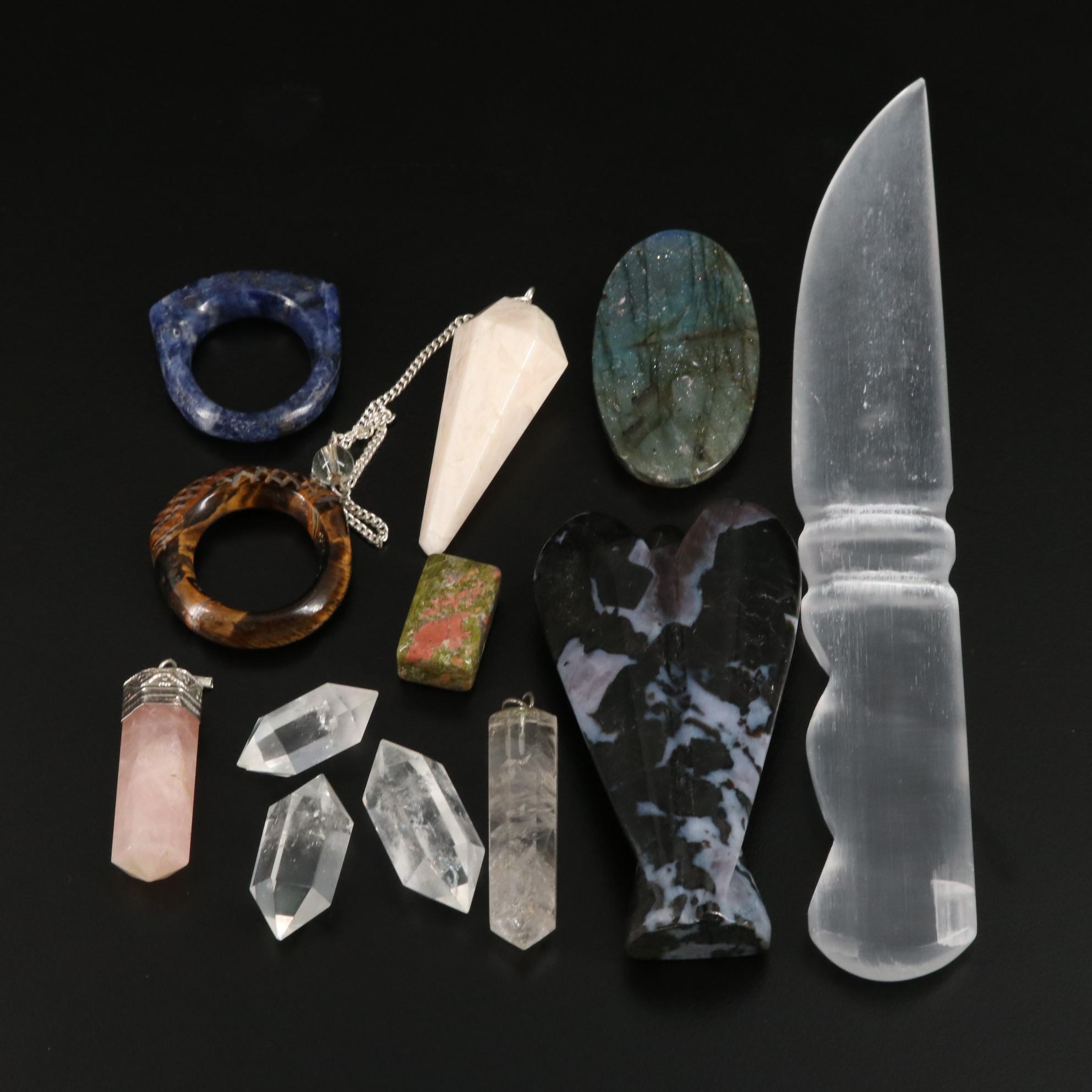 Labradorite, Quartz and Selenite Rings, Pendants and Letter Opener