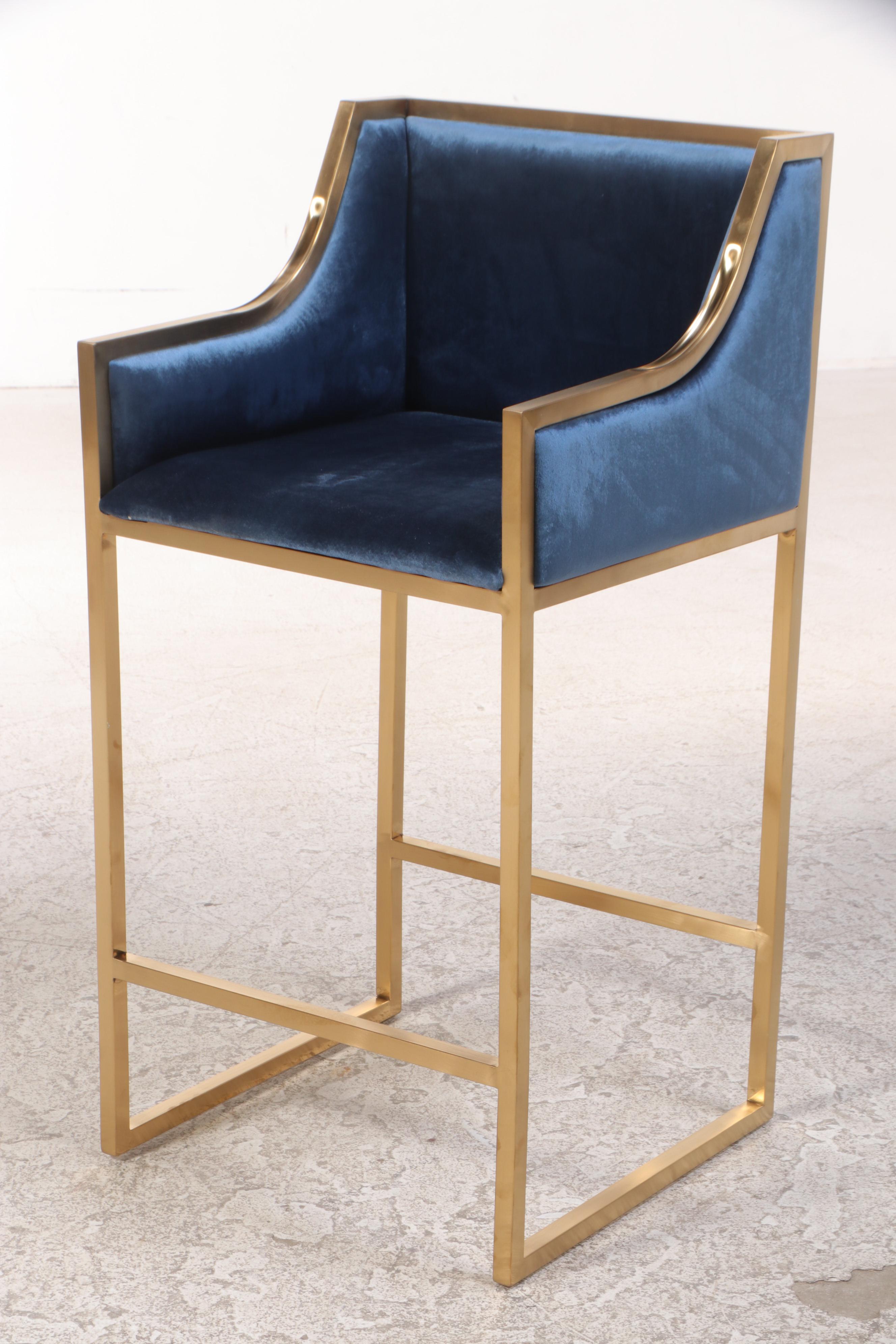 Set of Four Contemporary Blue Velvet Upholstered Gold Tone Metal Barstools