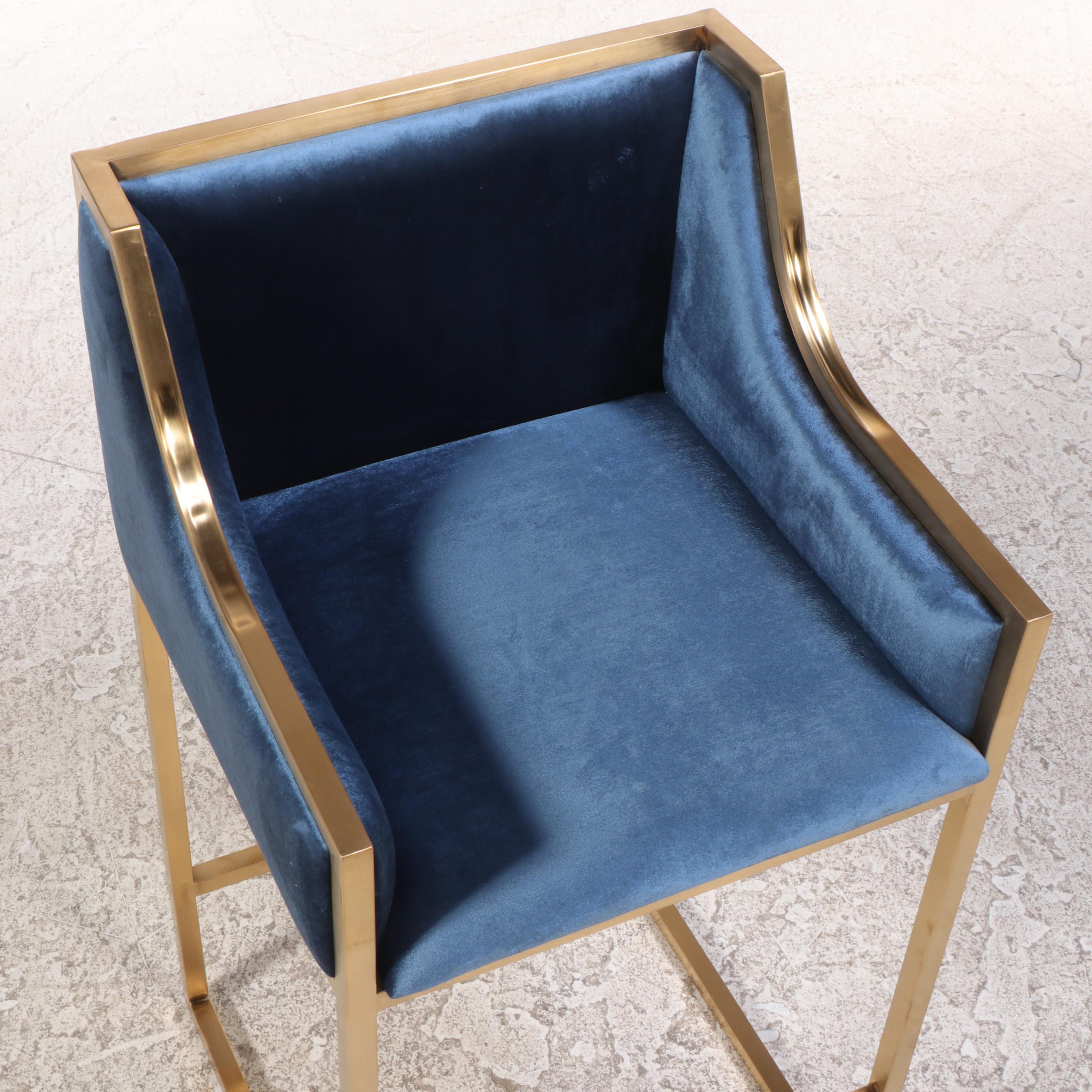Set of Four Contemporary Blue Velvet Upholstered Gold Tone Metal Barstools
