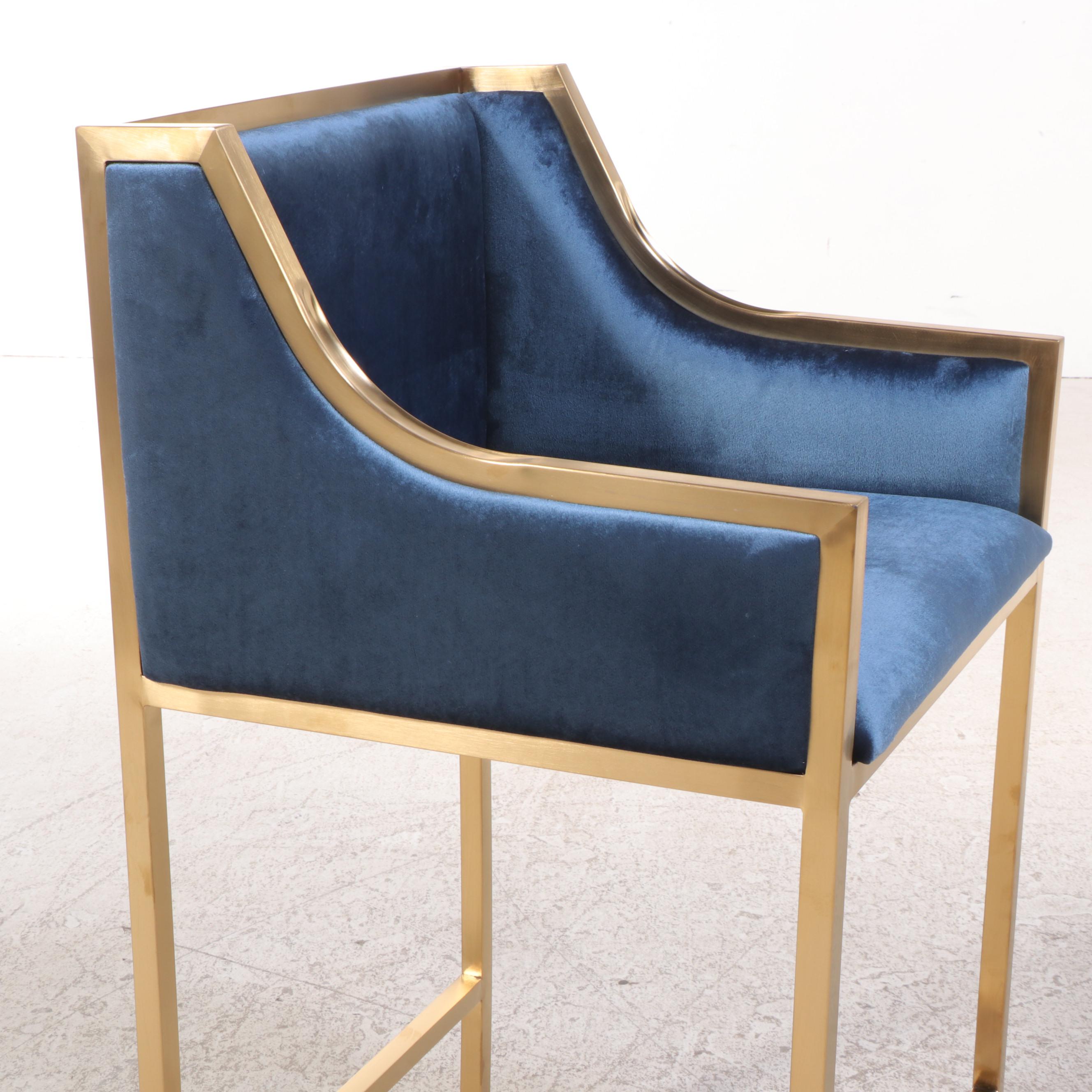 Set of Four Contemporary Blue Velvet Upholstered Gold Tone Metal Barstools