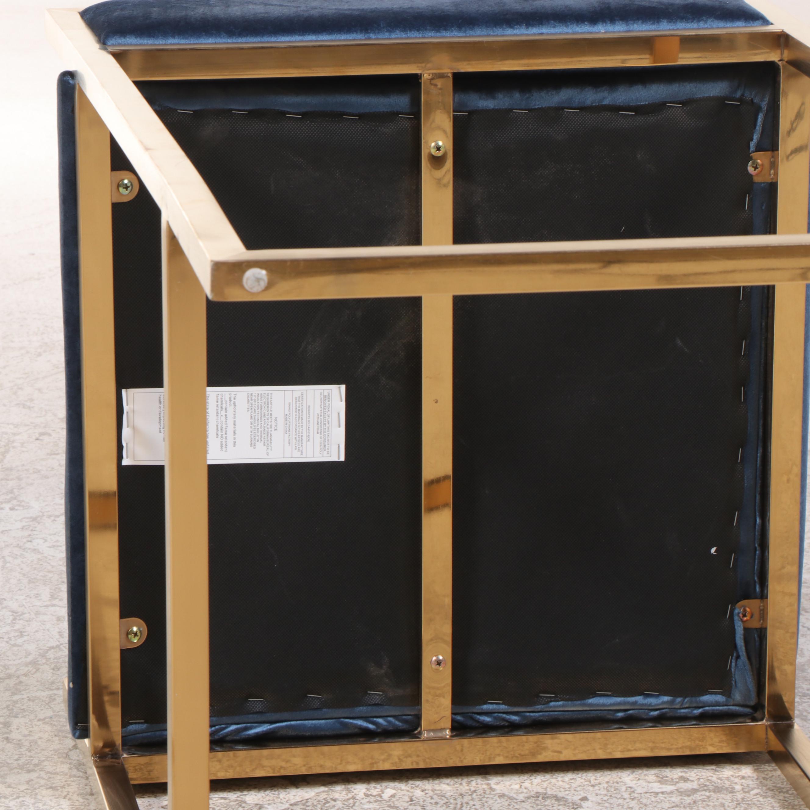 Set of Four Contemporary Blue Velvet Upholstered Gold Tone Metal Barstools