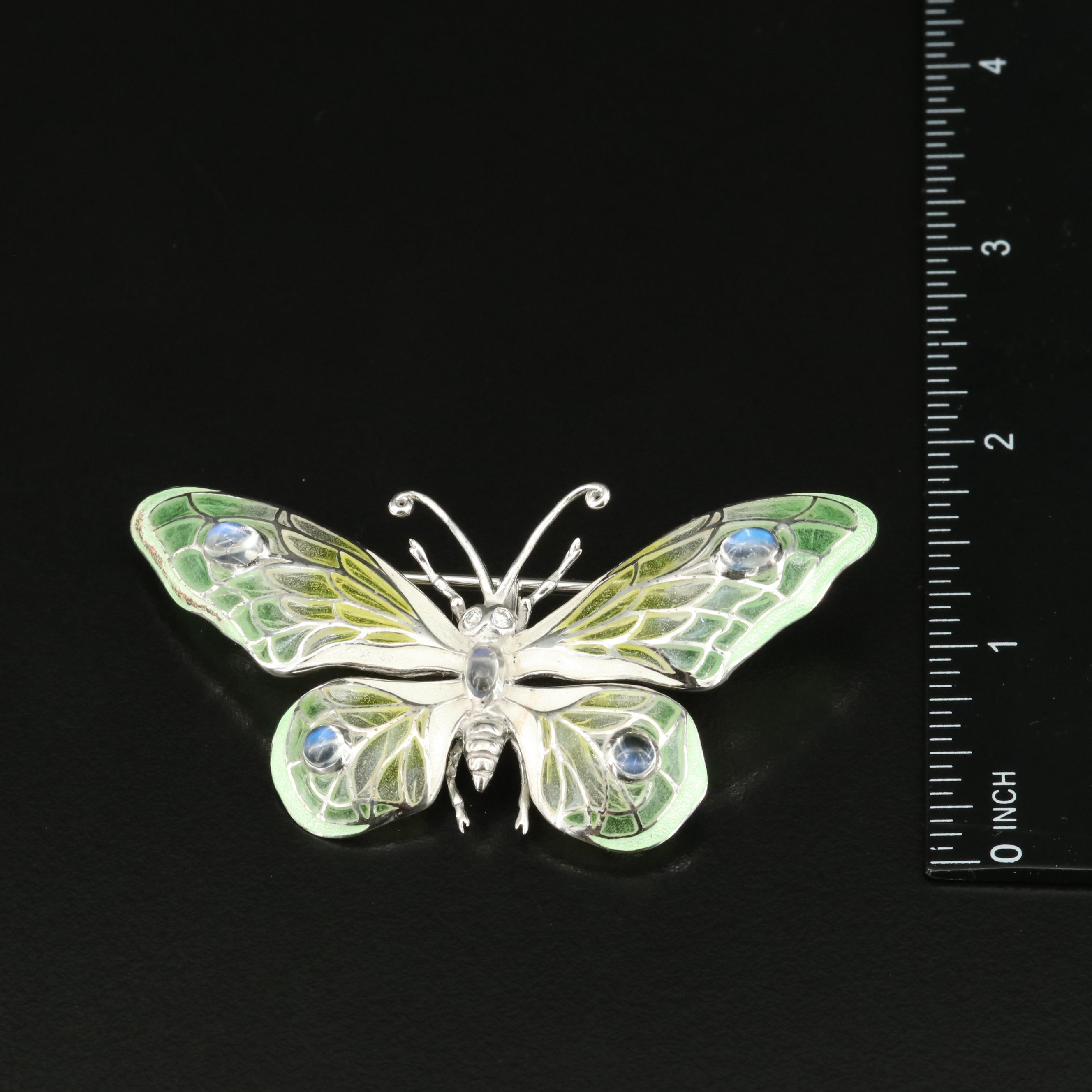Attributed to Nicole Barr Sterling Diamond Plique-à-Jour Enamel Butterfly Brooch