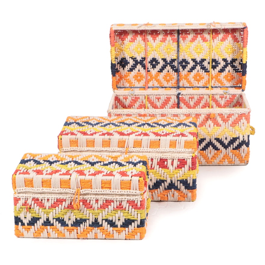 Set of Three Nesting Geometric Woven Lidded Storage Baskets