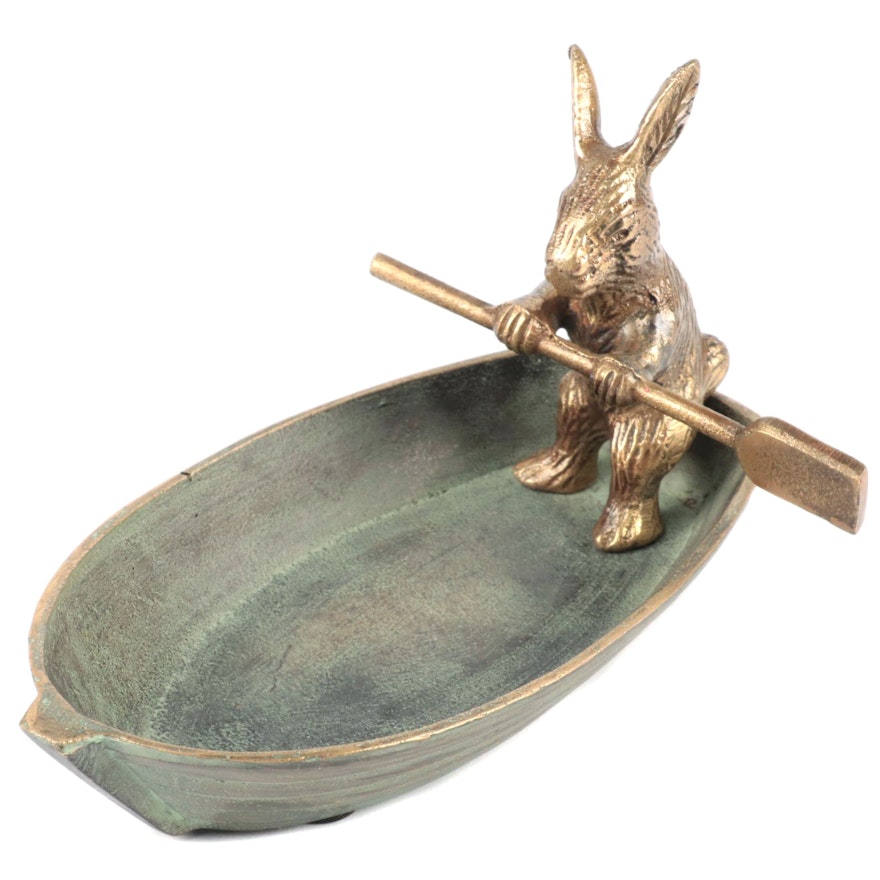 Patinated Cast Metal Rabbit in Rowboat Trinket Dish