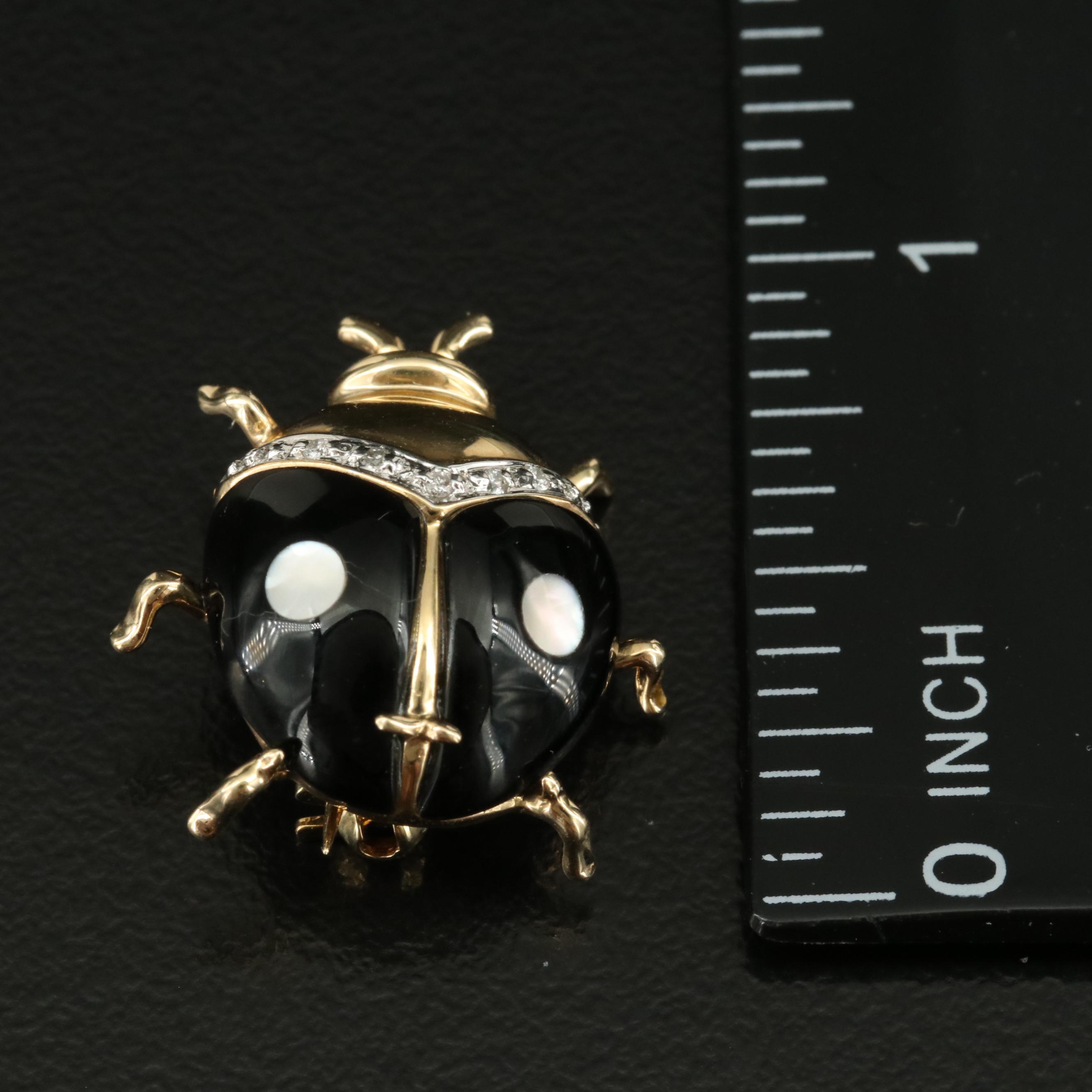 14K Diamond, Black Onyx and Mother-of-Pearl Ladybug Brooch