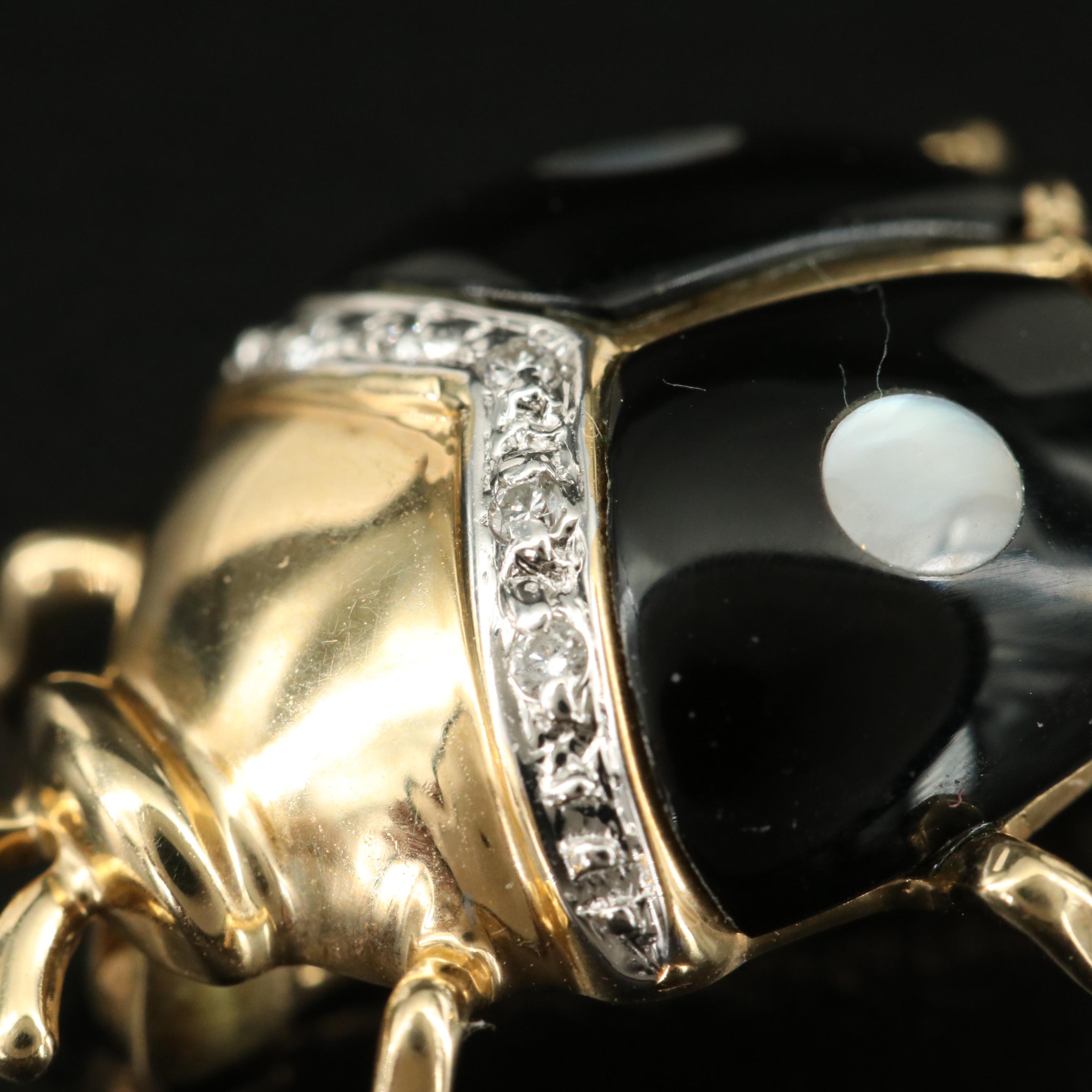 14K Diamond, Black Onyx and Mother-of-Pearl Ladybug Brooch