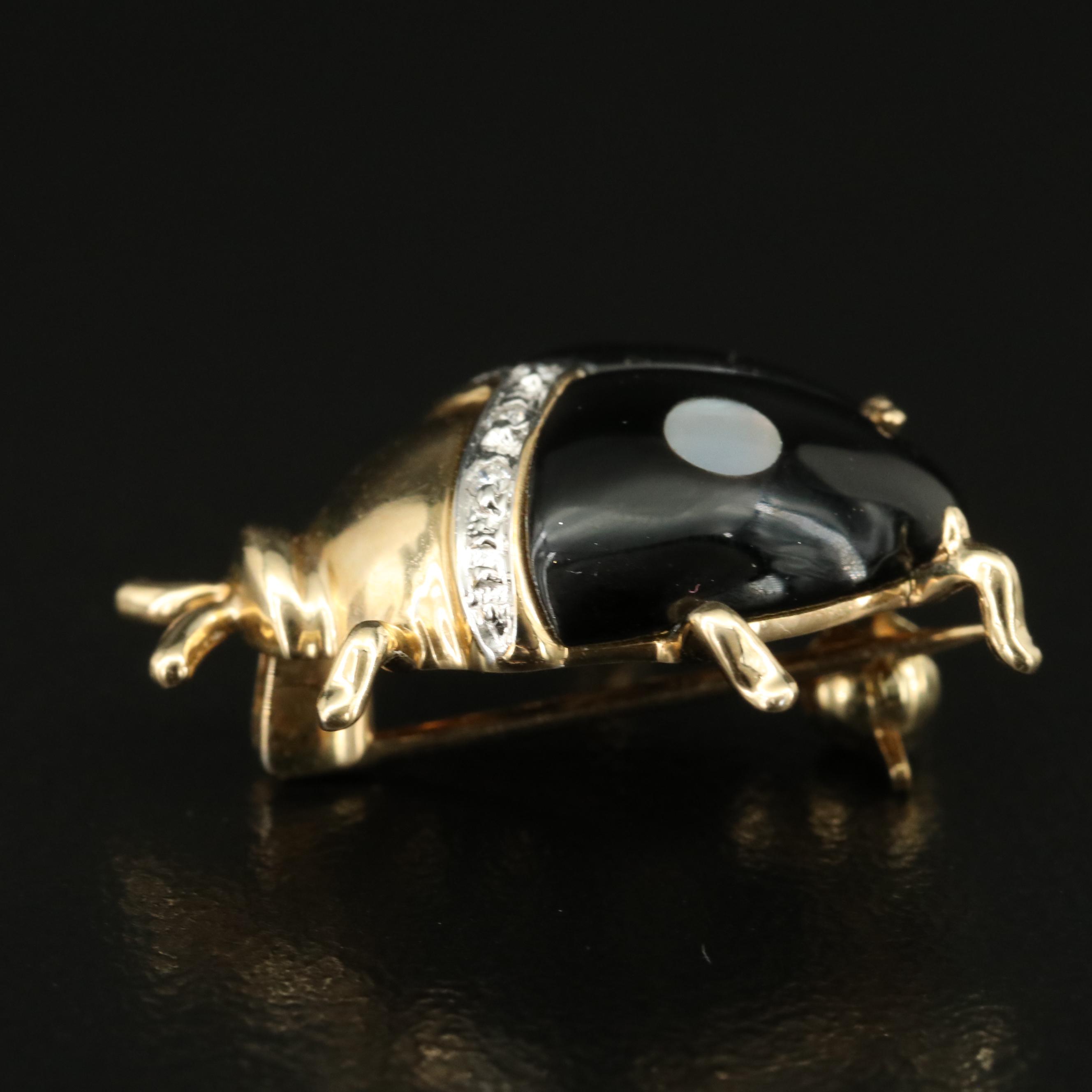14K Diamond, Black Onyx and Mother-of-Pearl Ladybug Brooch