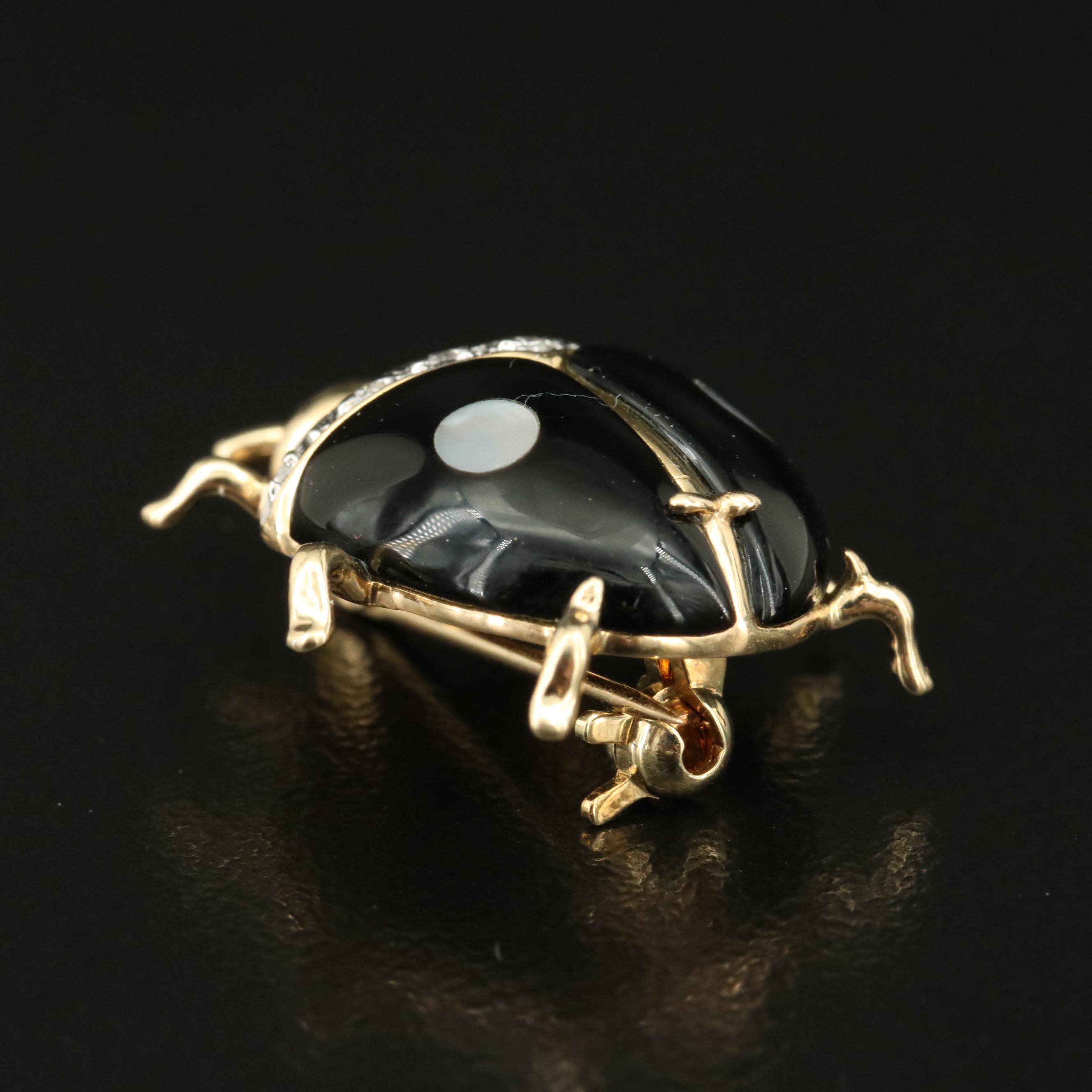 14K Diamond, Black Onyx and Mother-of-Pearl Ladybug Brooch