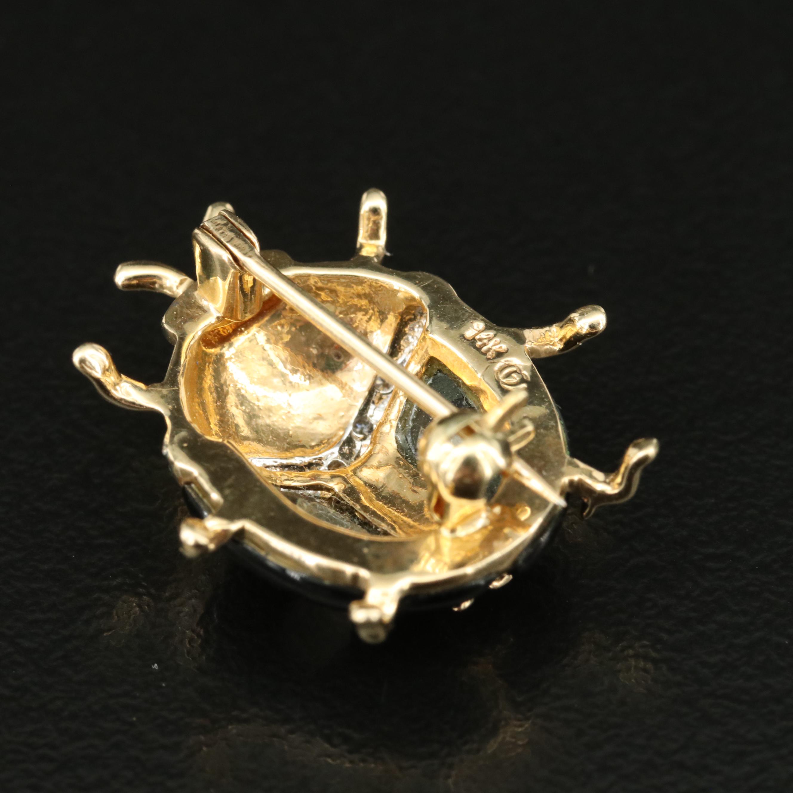 14K Diamond, Black Onyx and Mother-of-Pearl Ladybug Brooch