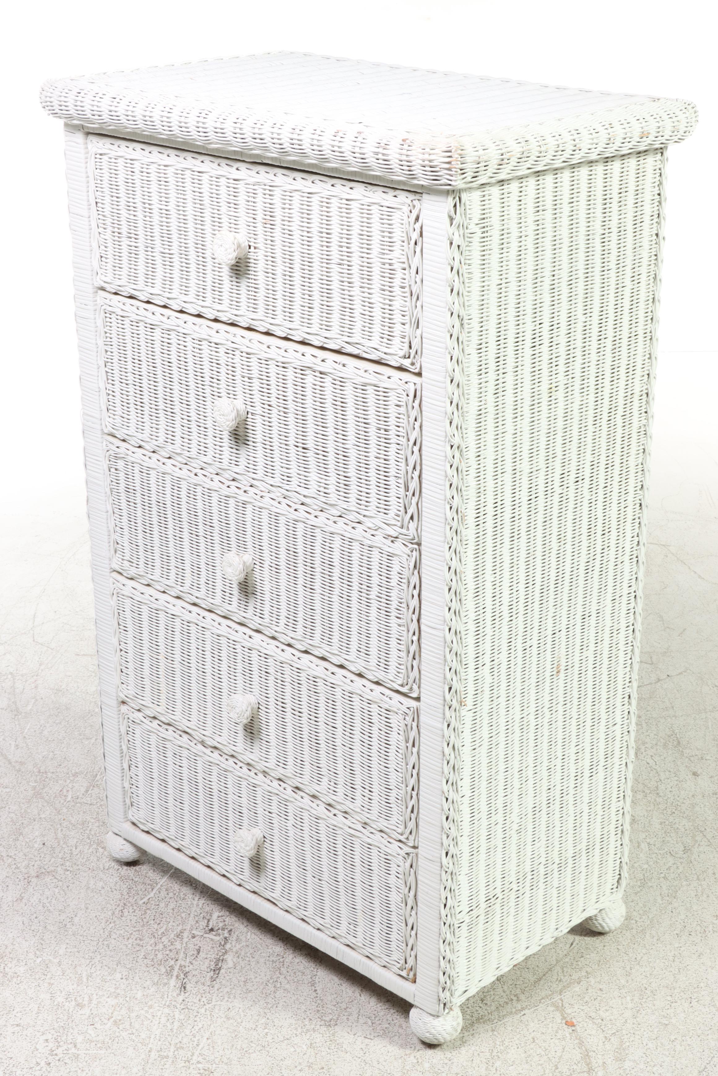 White-Painted Wicker Five-Drawer Chest, Late 20th Century