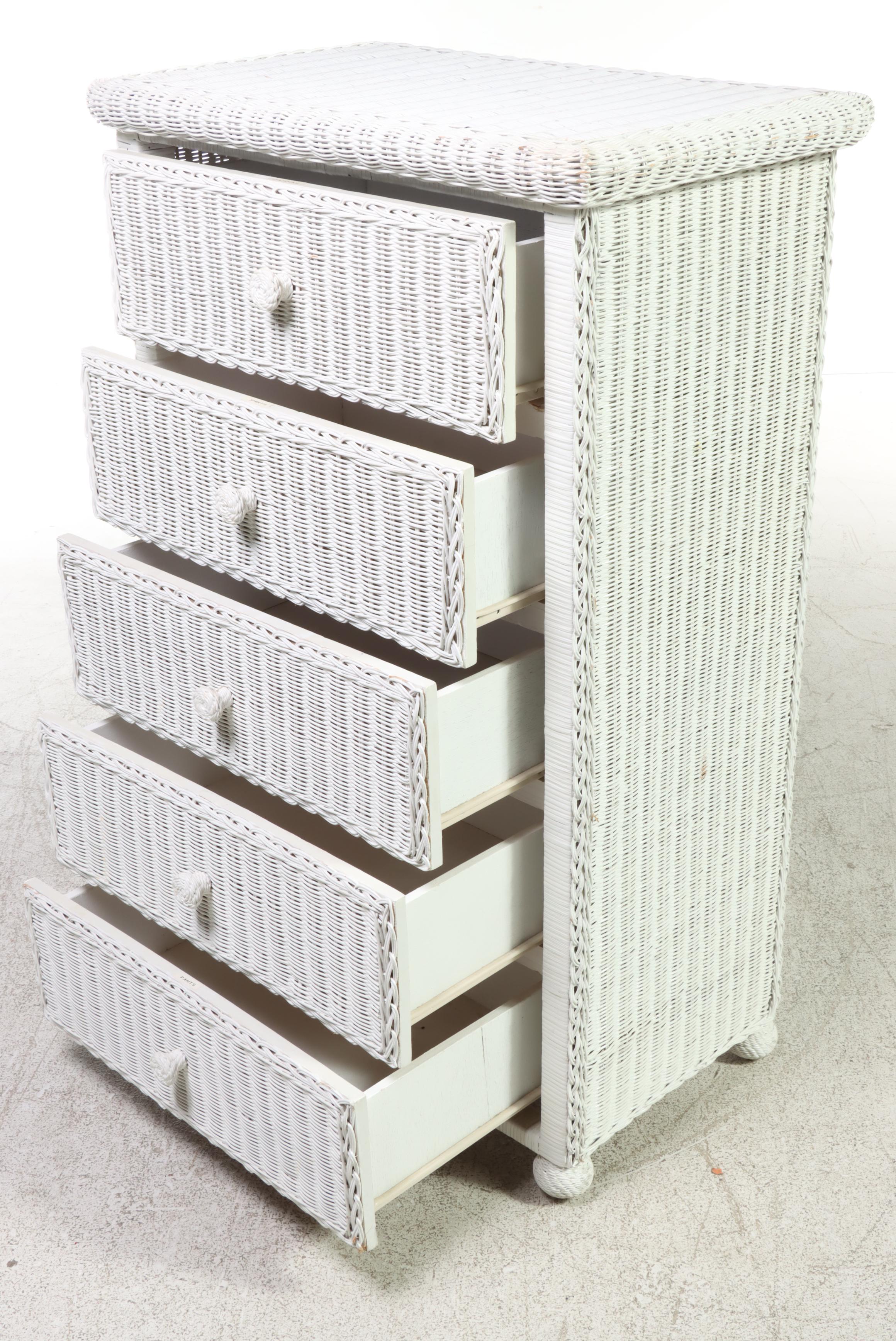 White-Painted Wicker Five-Drawer Chest, Late 20th Century