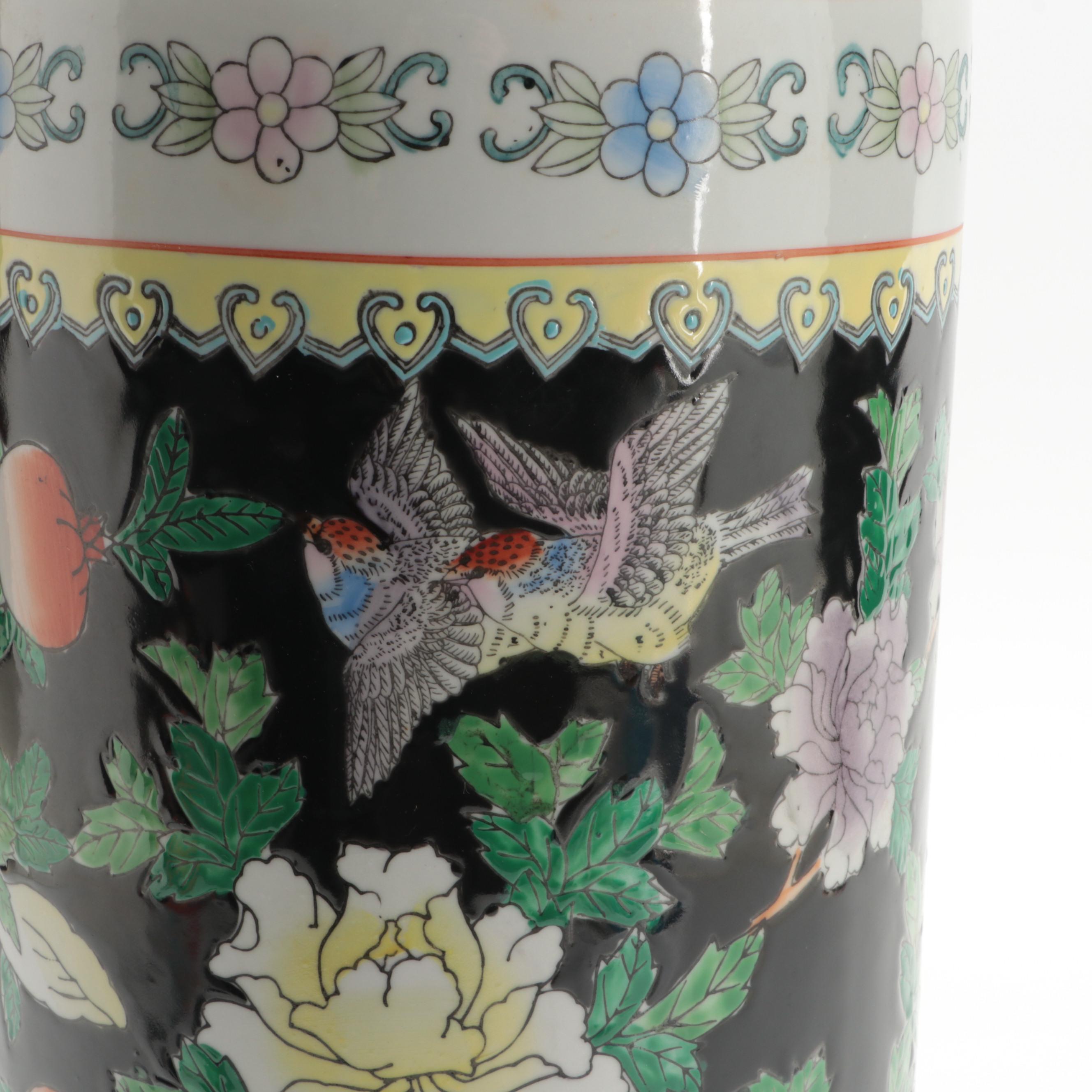 Chinese Famille Noire Enameled Porcelain Umbrella Stand