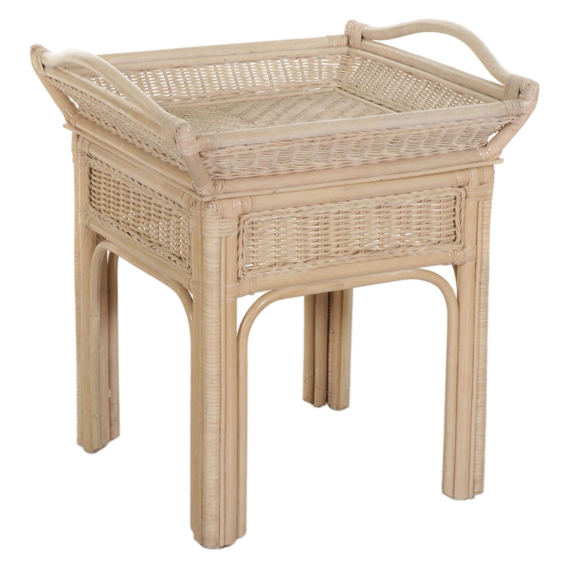 Cerused Finish Rattan and Wicker Tray-Top Side Table