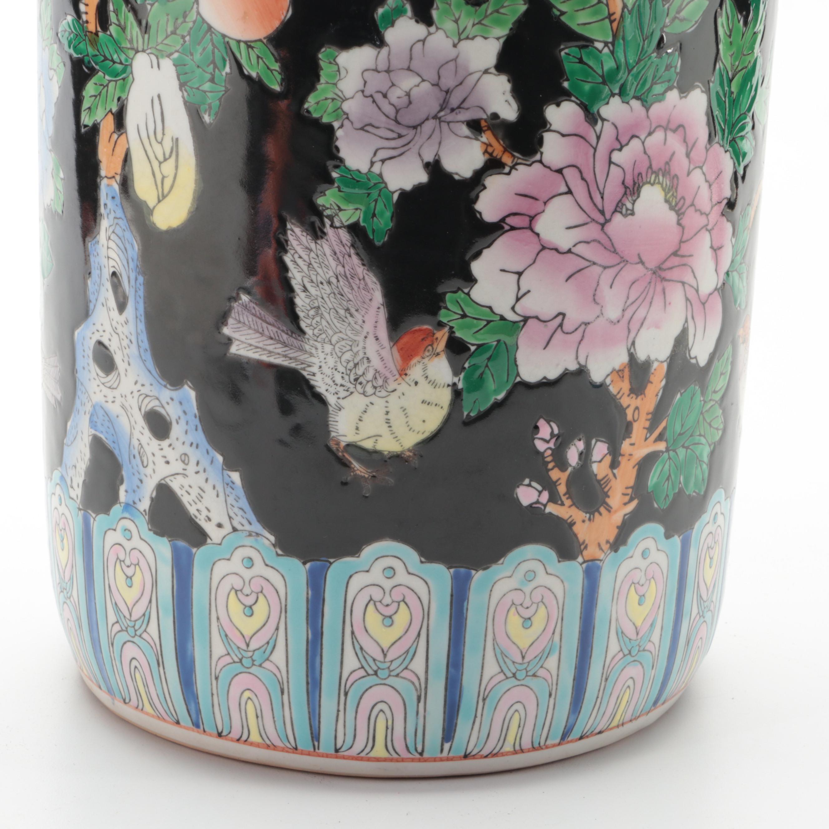 Chinese Famille Noire Enameled Porcelain Umbrella Stand