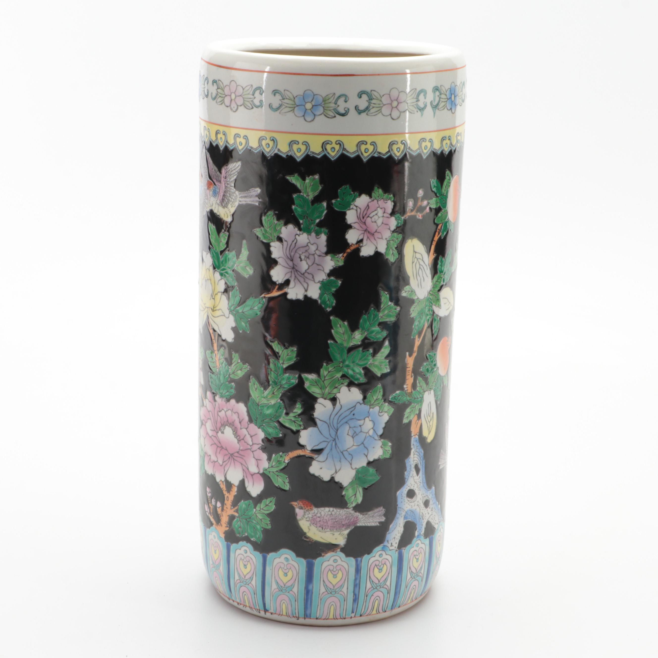 Chinese Famille Noire Enameled Porcelain Umbrella Stand
