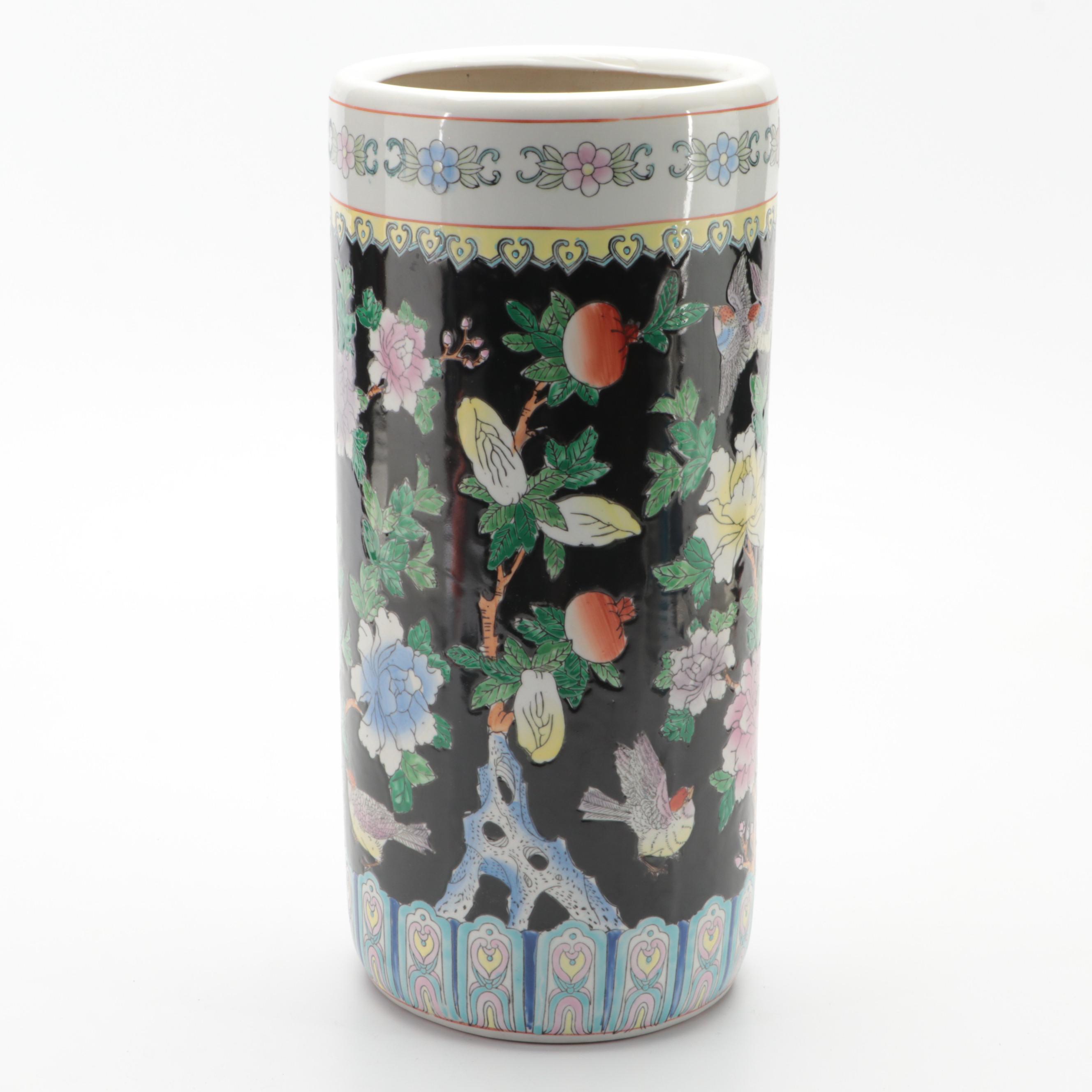 Chinese Famille Noire Enameled Porcelain Umbrella Stand