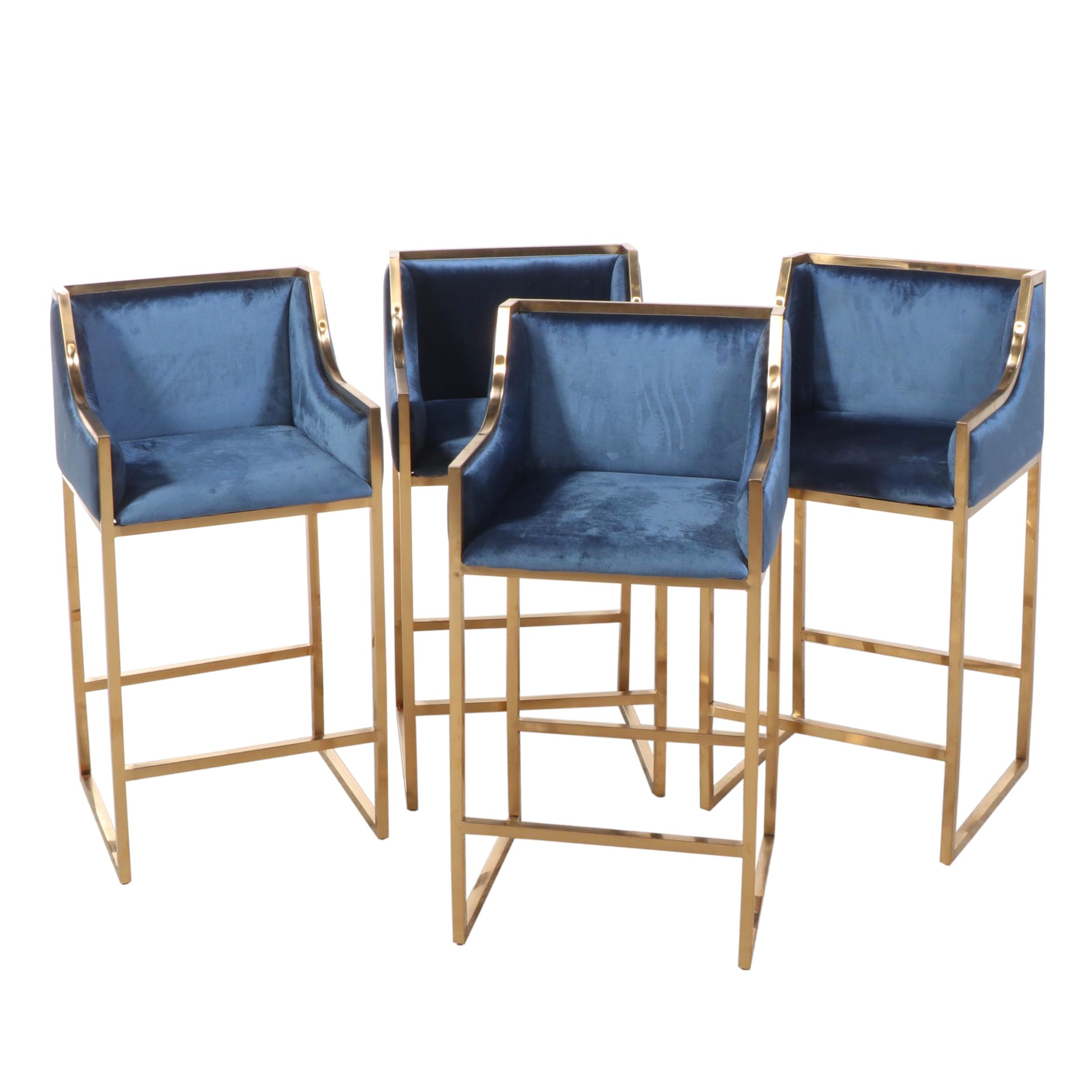 Set of Four Contemporary Blue Velvet Upholstered Gold Tone Metal Barstools