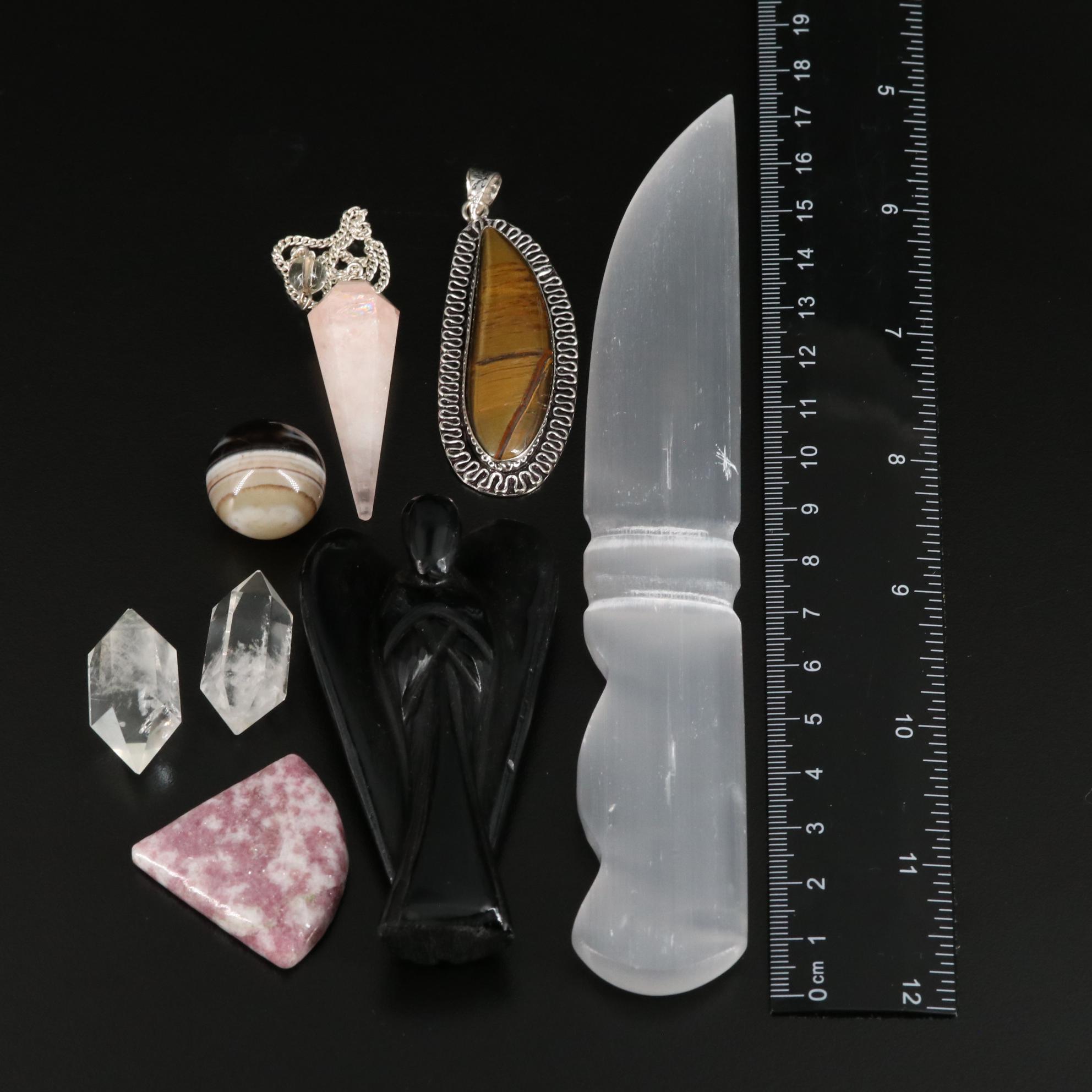 Selenite Letter Opener with Lepidolite and Tiger's Eye Jewelry