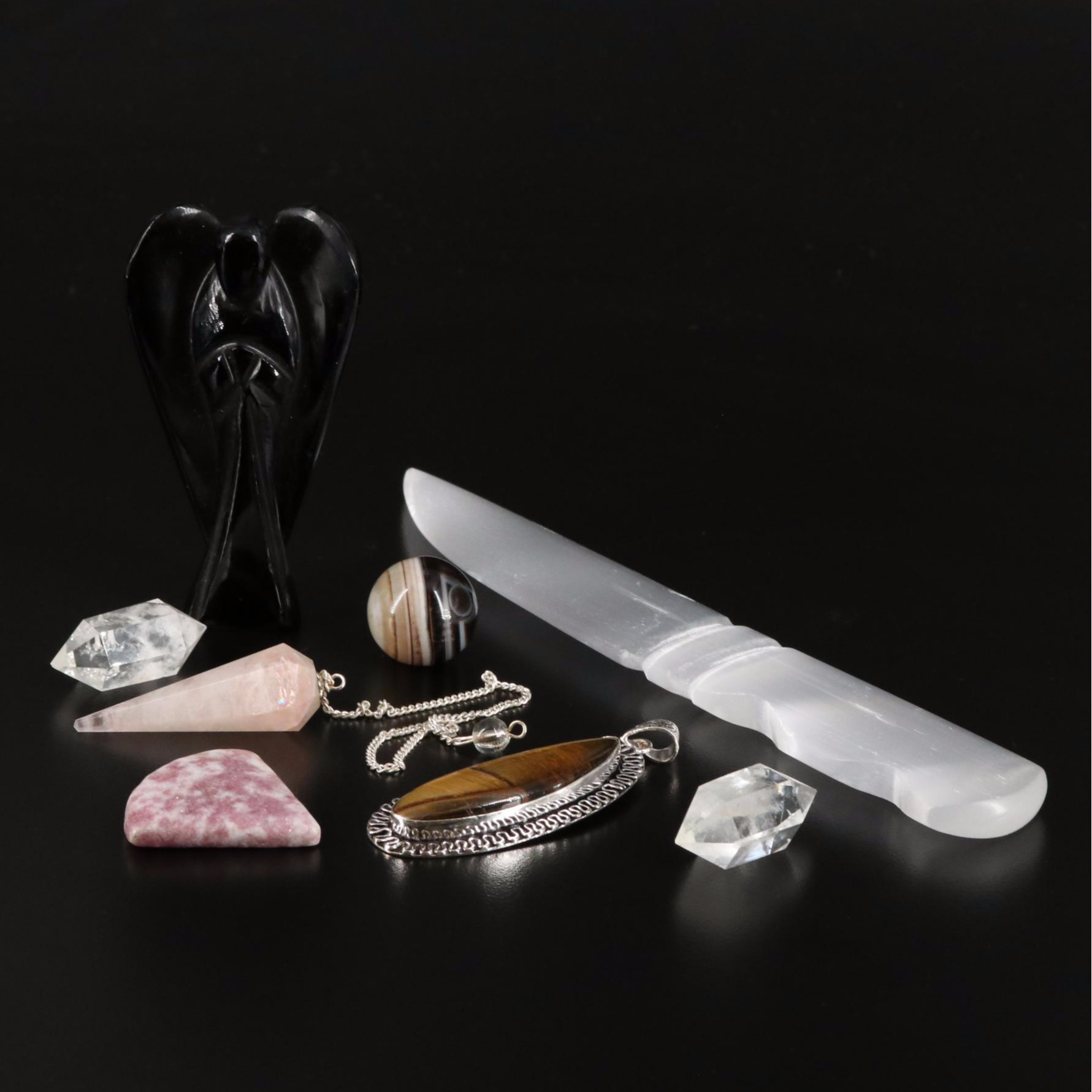 Selenite Letter Opener with Lepidolite and Tiger's Eye Jewelry