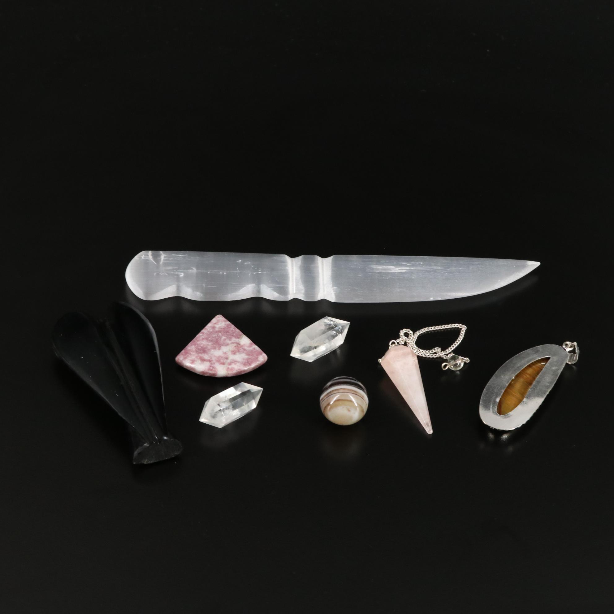 Selenite Letter Opener with Lepidolite and Tiger's Eye Jewelry