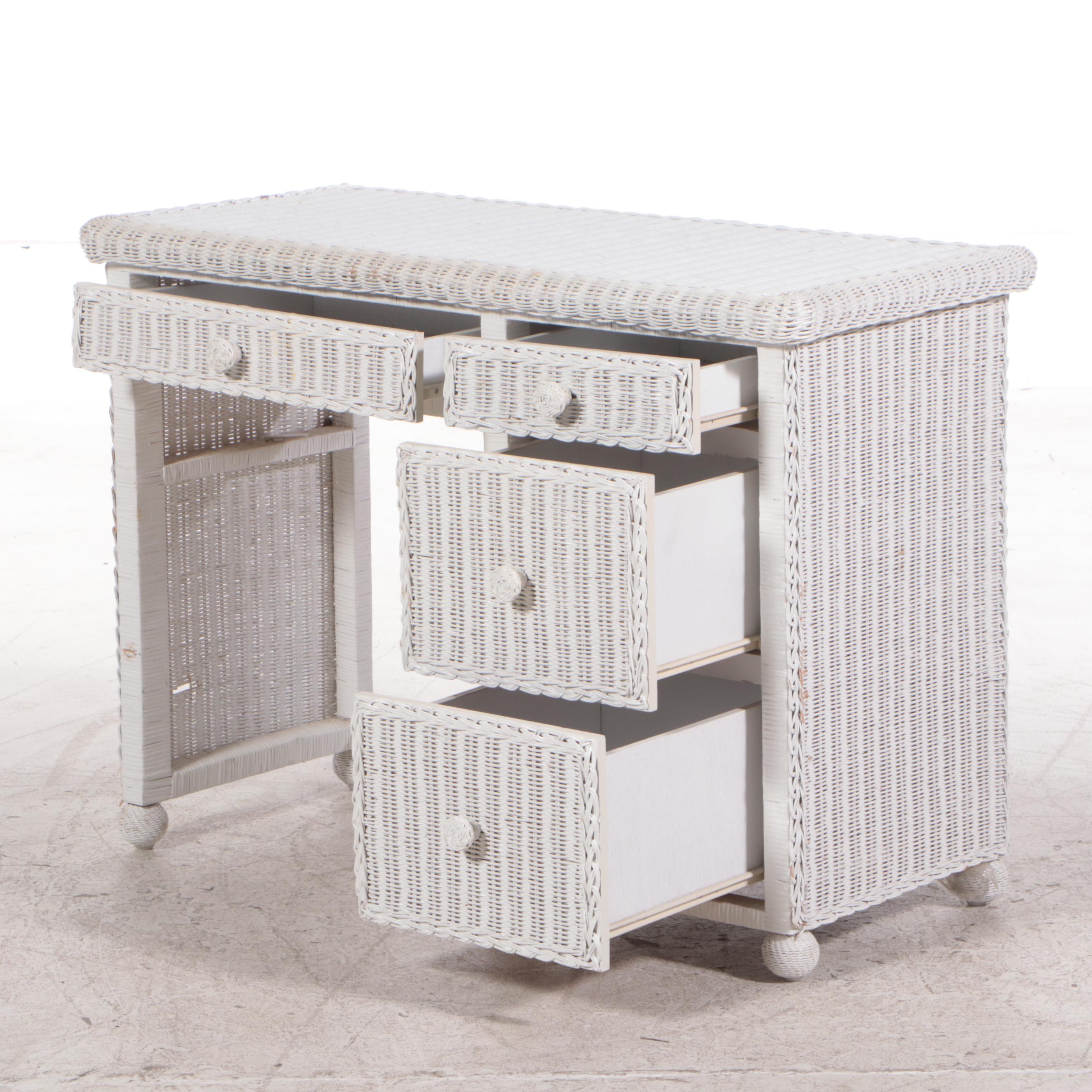 White-Painted Wicker Single-Pedestal Desk, Late 20th Century