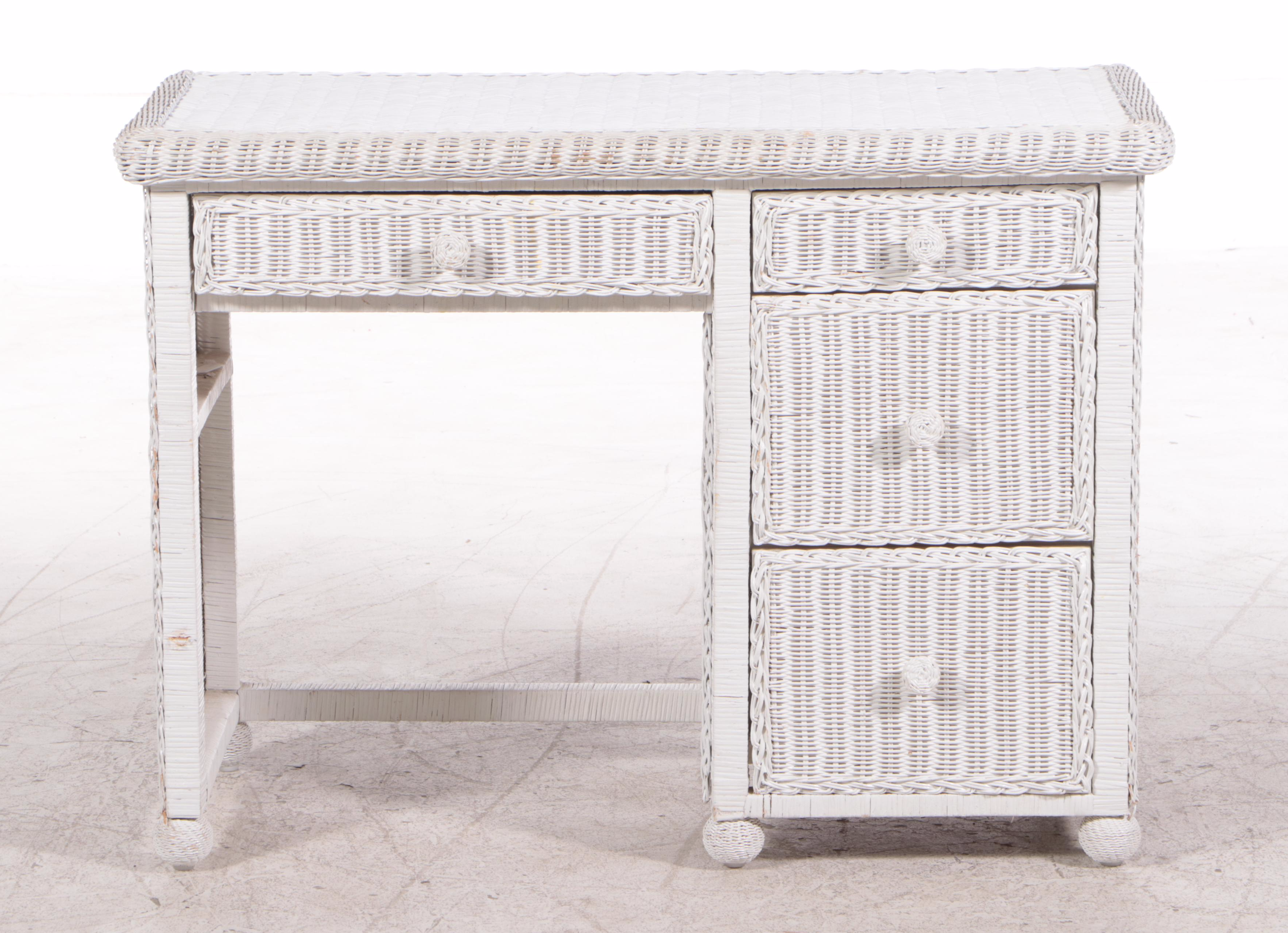 White-Painted Wicker Single-Pedestal Desk, Late 20th Century