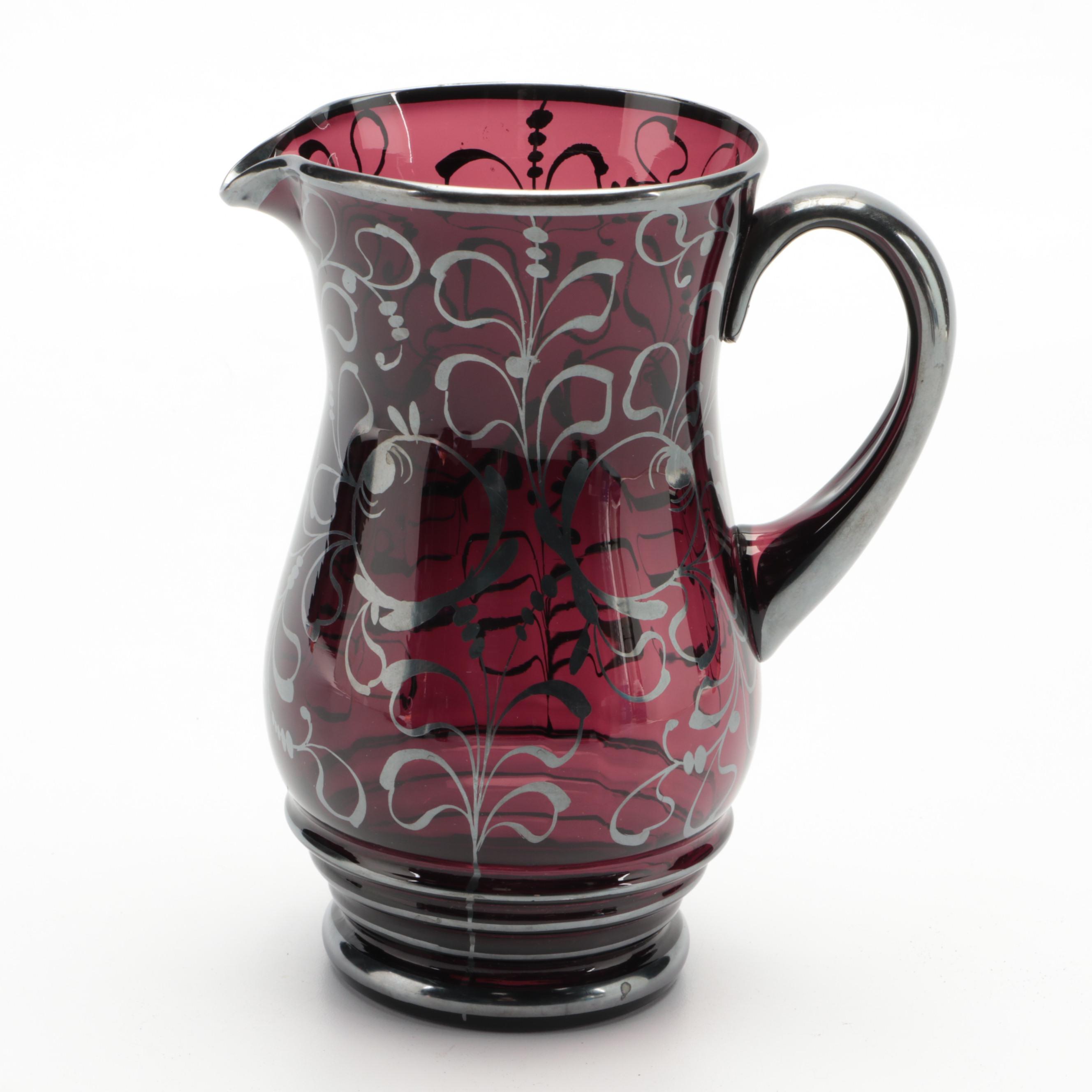Amethyst Glass Pitcher and Tumblers with Silver Paint Overlay