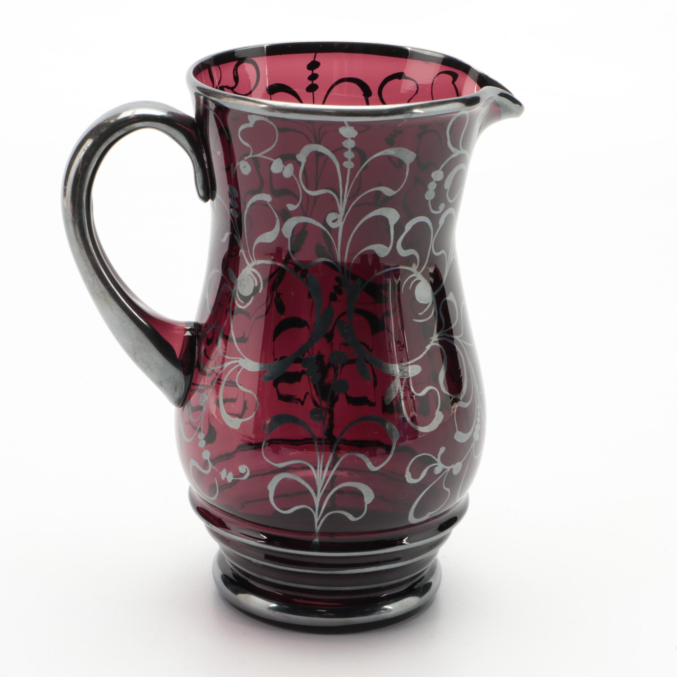 Amethyst Glass Pitcher and Tumblers with Silver Paint Overlay