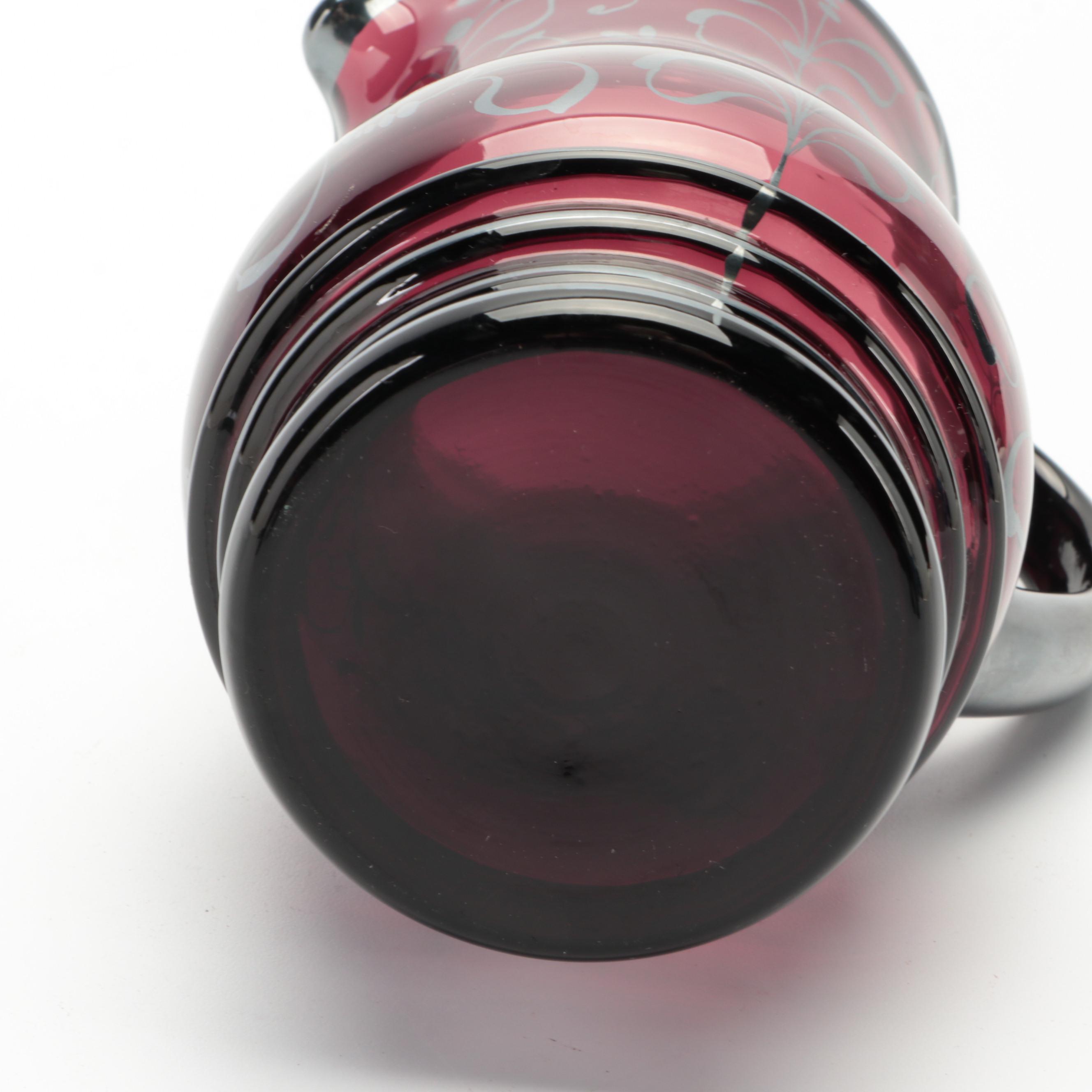 Amethyst Glass Pitcher and Tumblers with Silver Paint Overlay