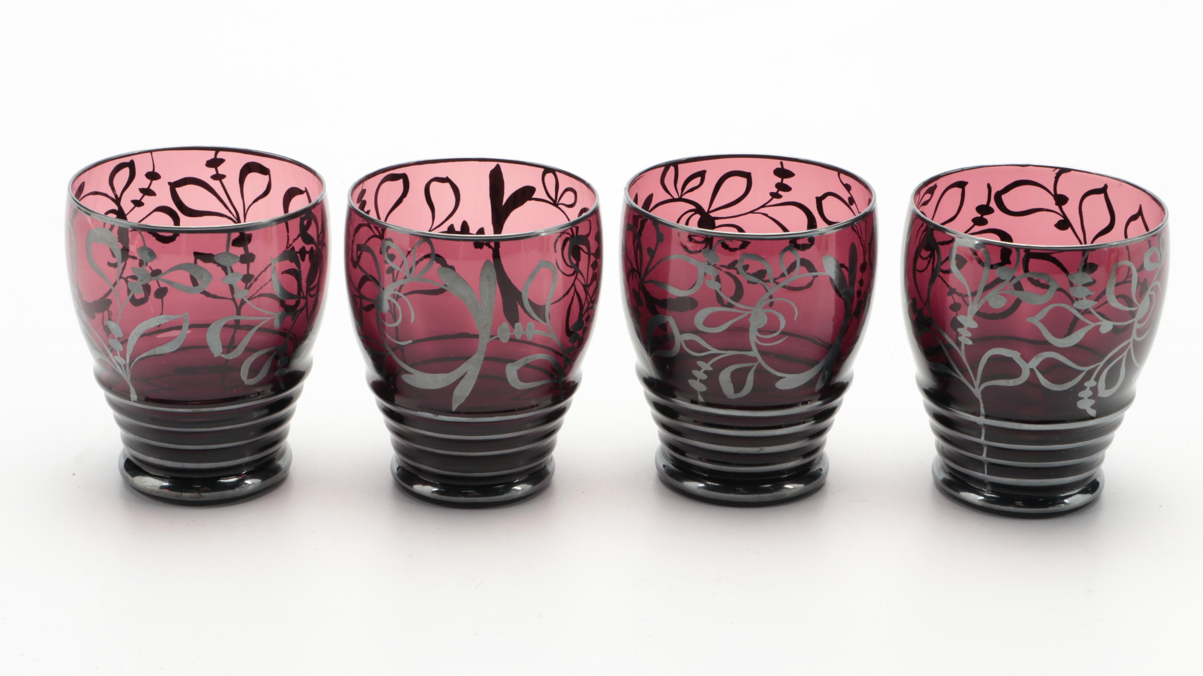 Amethyst Glass Pitcher and Tumblers with Silver Paint Overlay