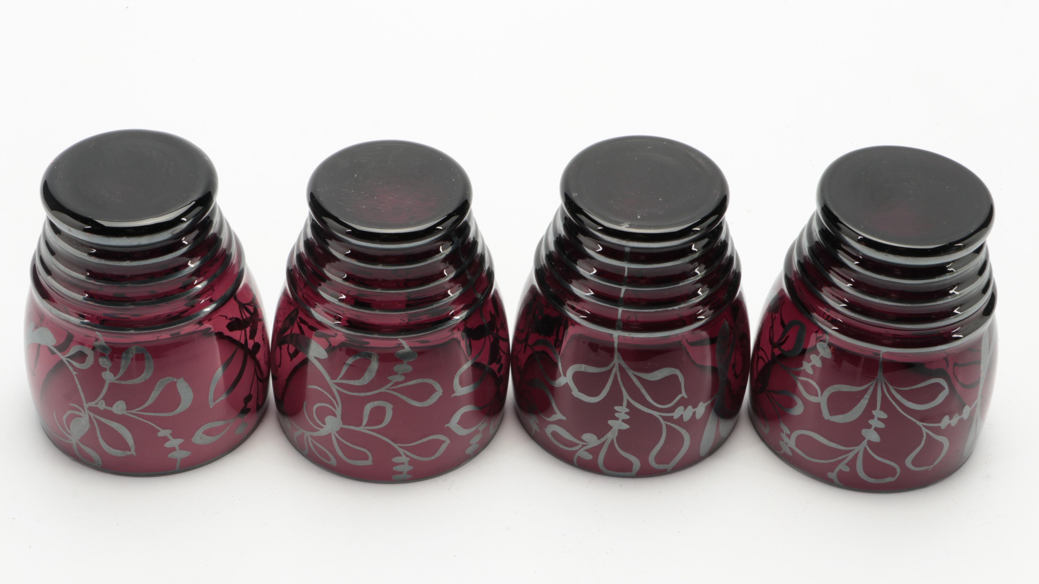 Amethyst Glass Pitcher and Tumblers with Silver Paint Overlay