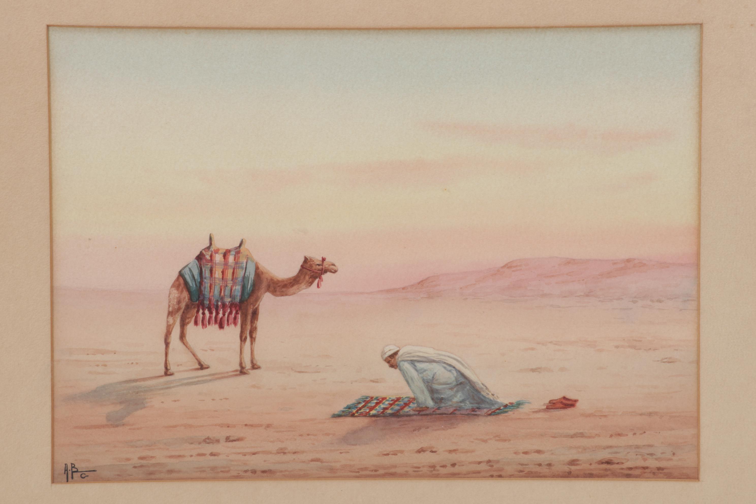 Watercolor Painting of Man Praying in Desert, Mid-20th Century