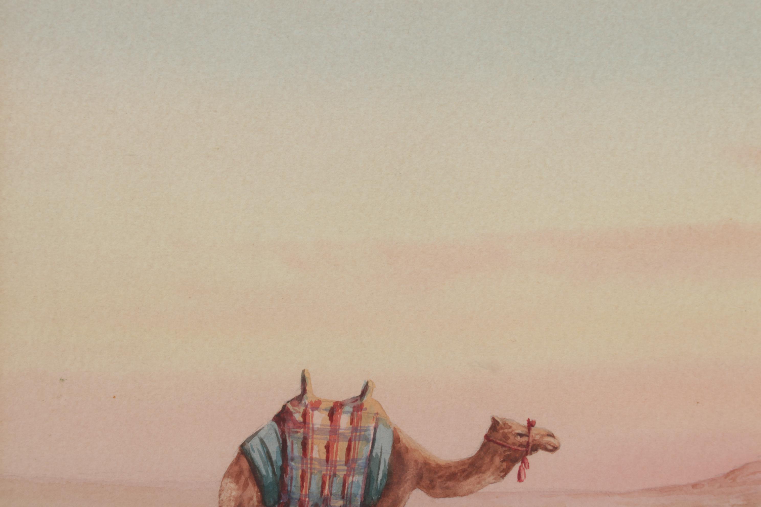 Watercolor Painting of Man Praying in Desert, Mid-20th Century