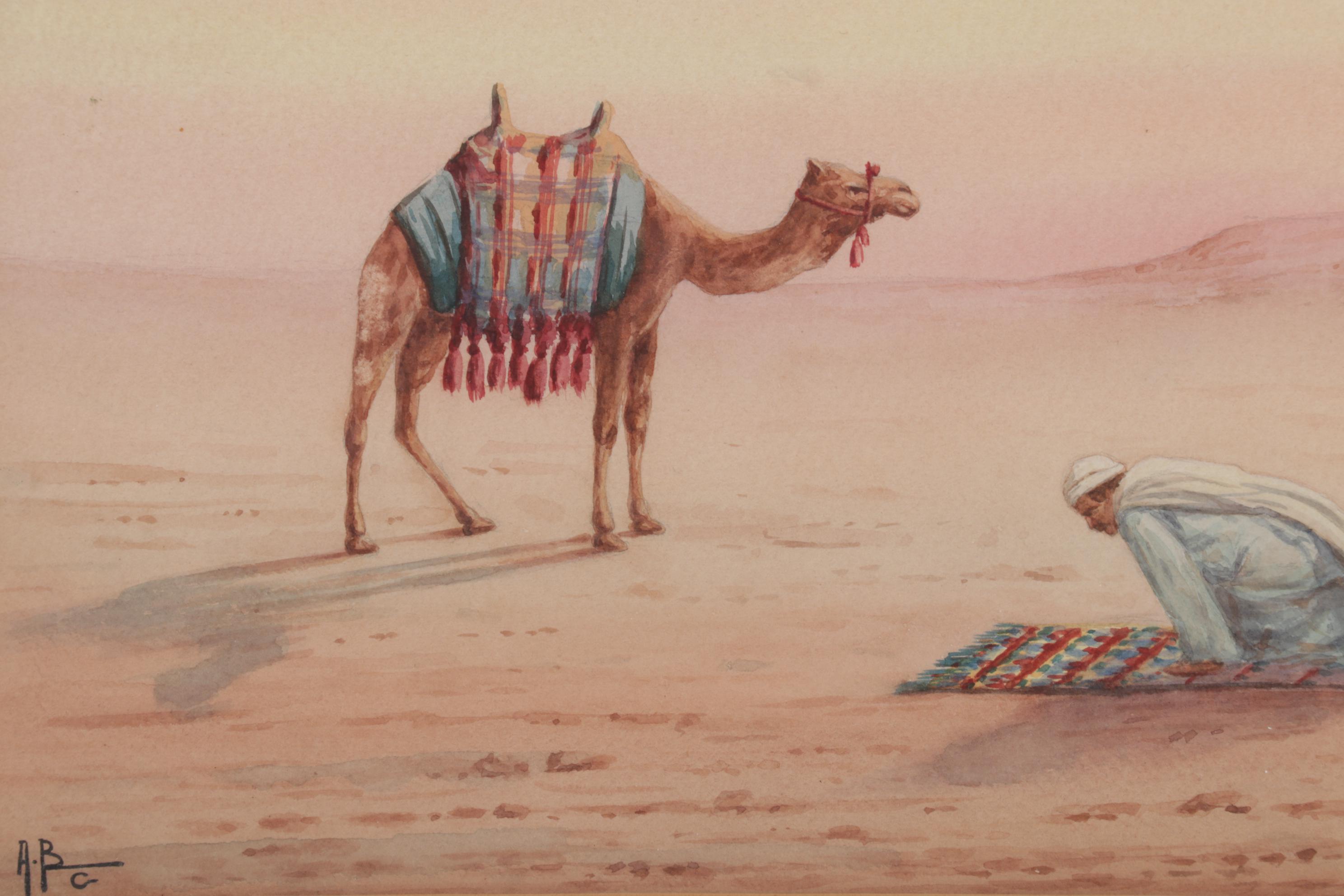 Watercolor Painting of Man Praying in Desert, Mid-20th Century