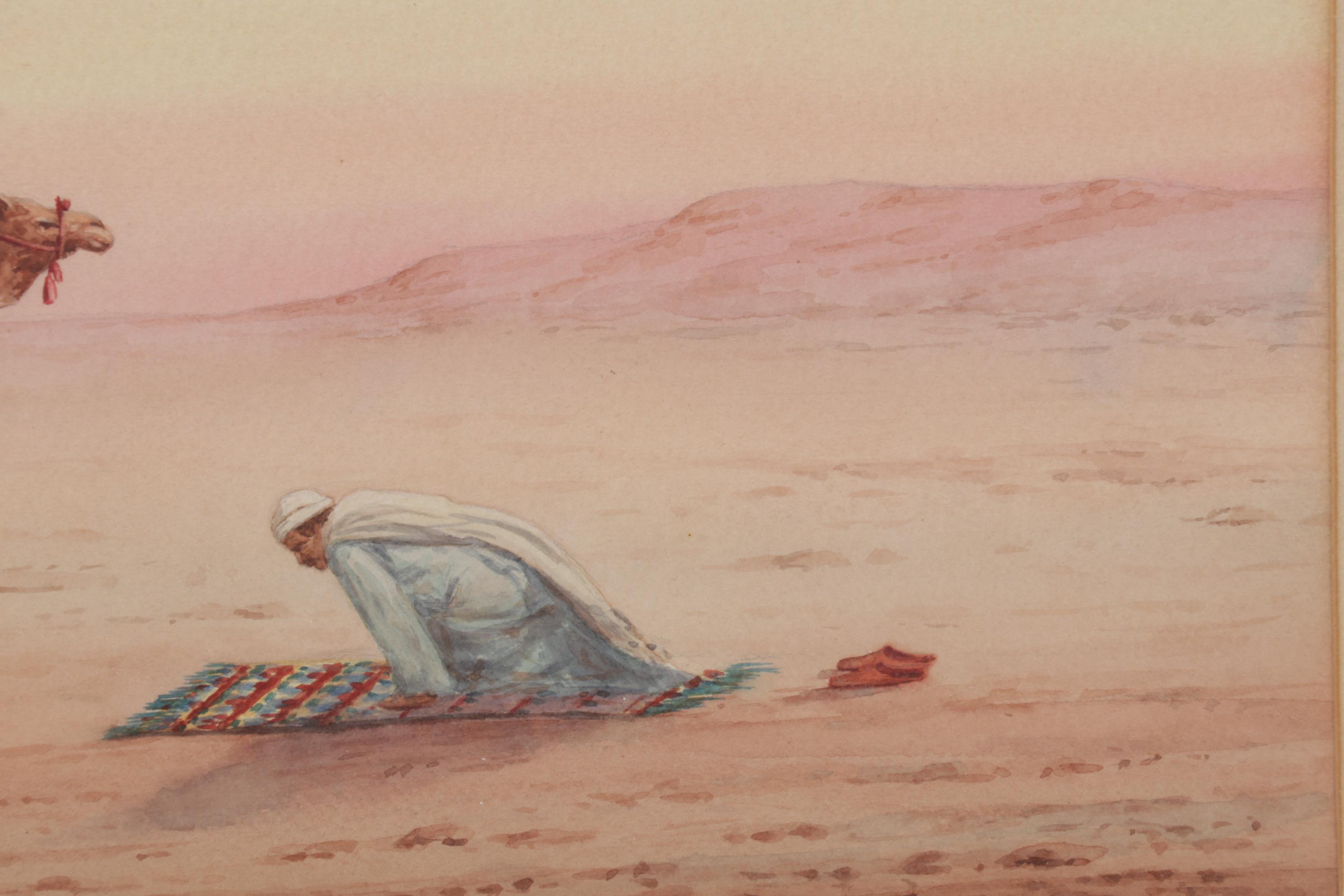 Watercolor Painting of Man Praying in Desert, Mid-20th Century
