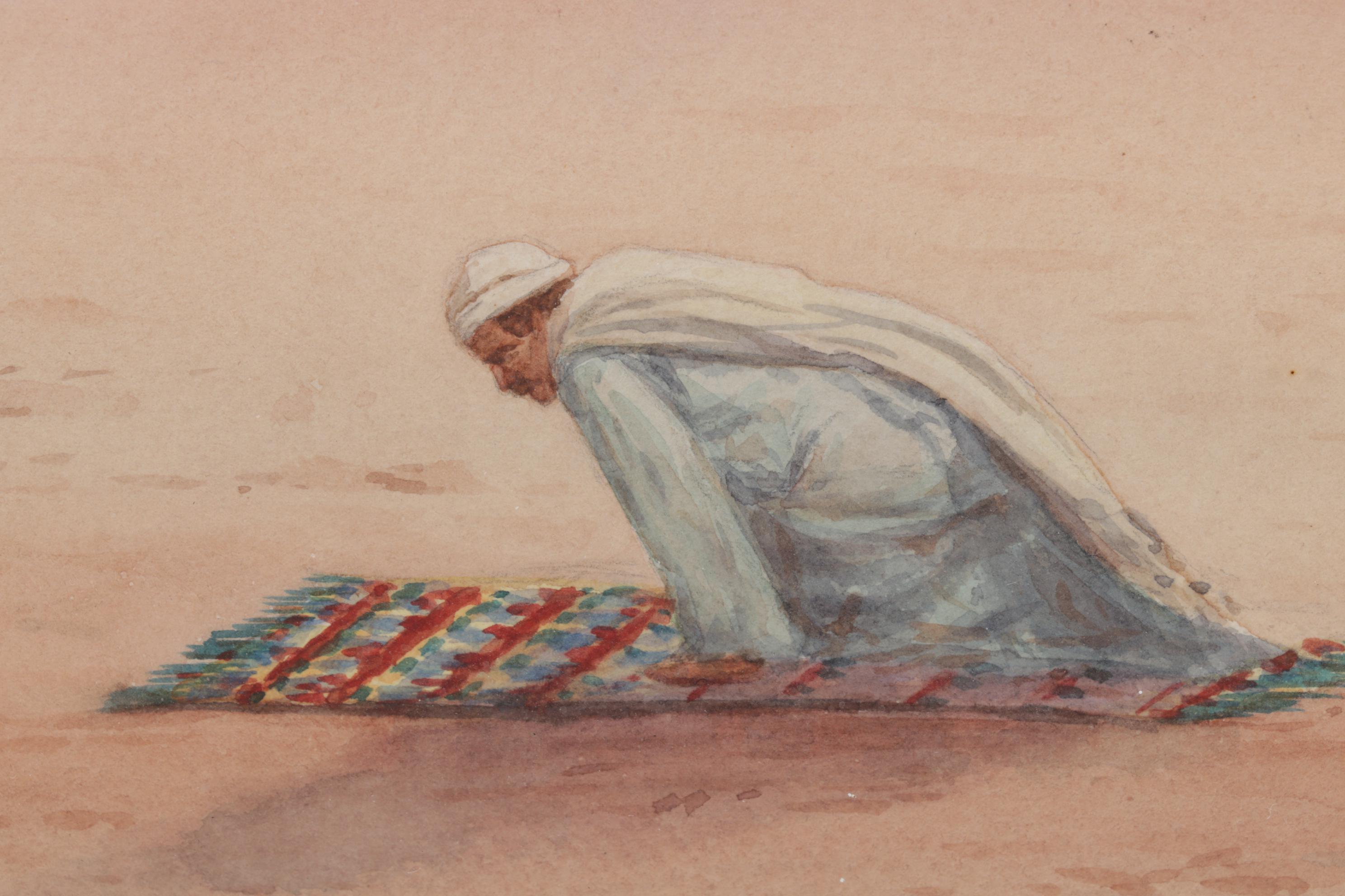 Watercolor Painting of Man Praying in Desert, Mid-20th Century