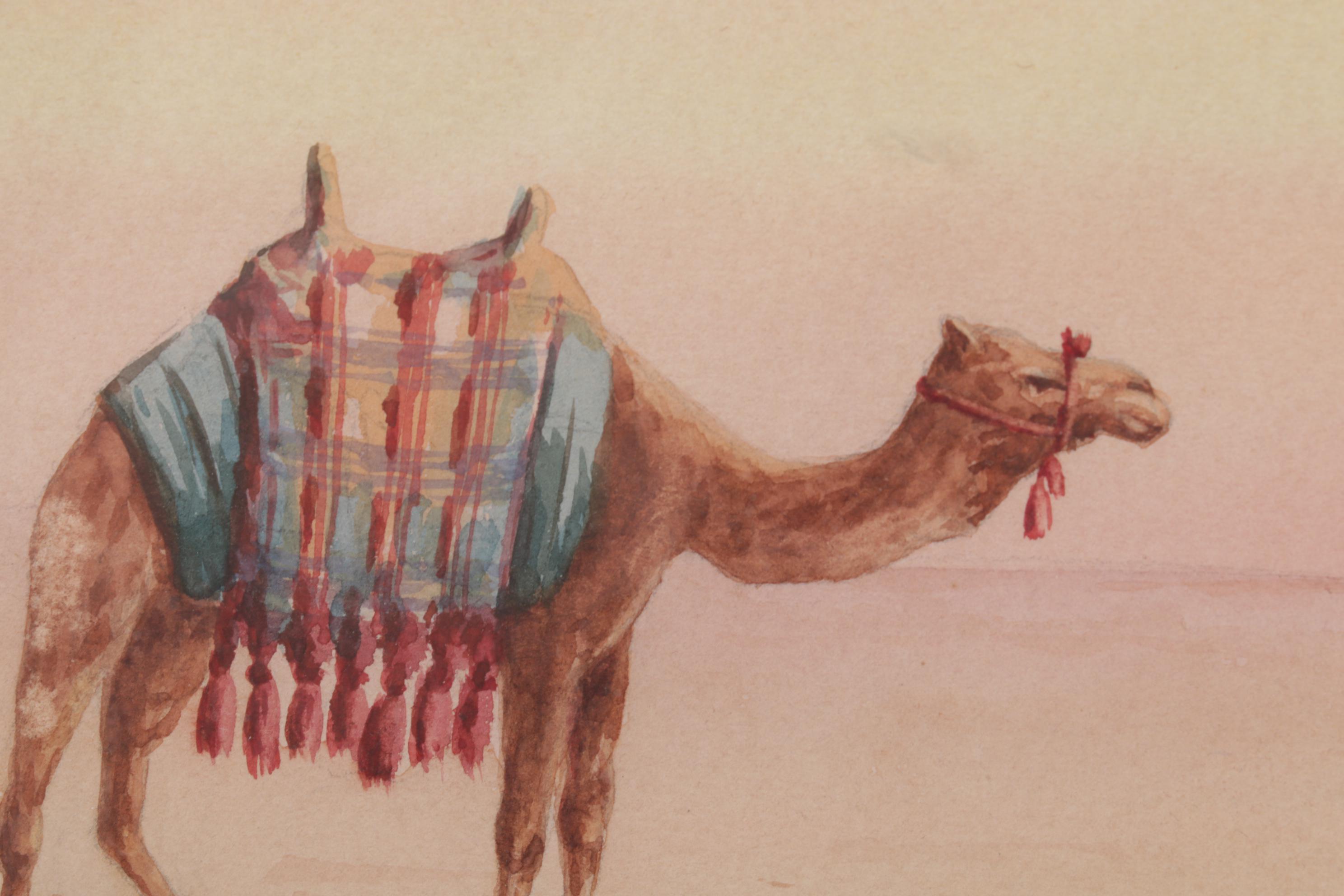 Watercolor Painting of Man Praying in Desert, Mid-20th Century