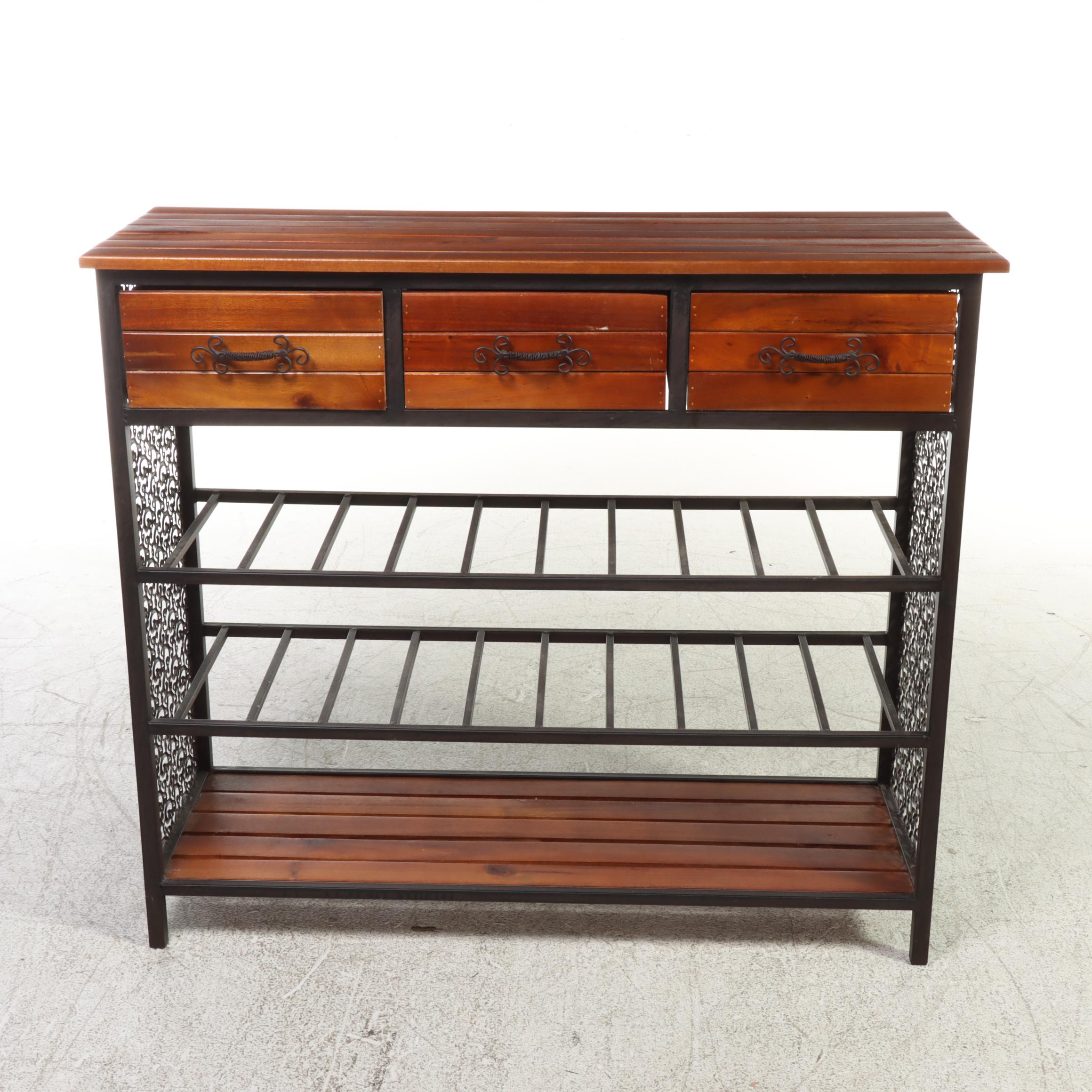 Contemporary Wood Slat and Openwork Metal Hall Table