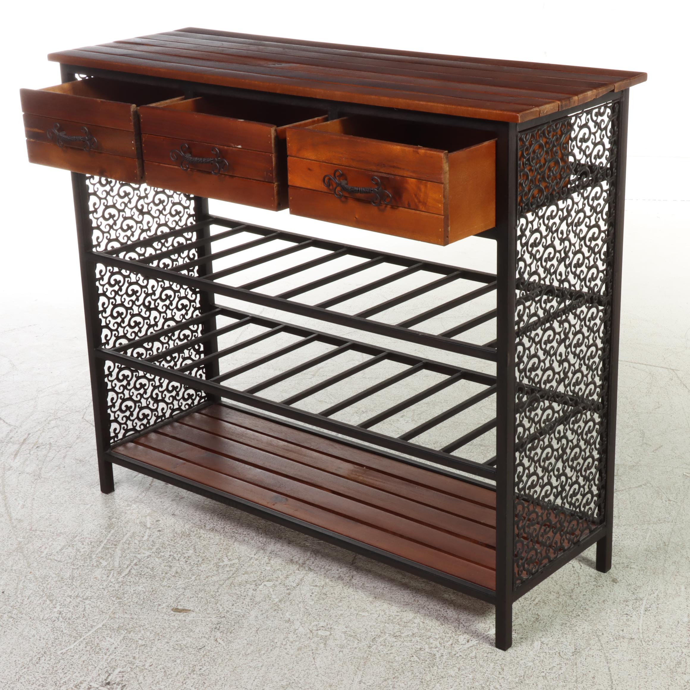 Contemporary Wood Slat and Openwork Metal Hall Table