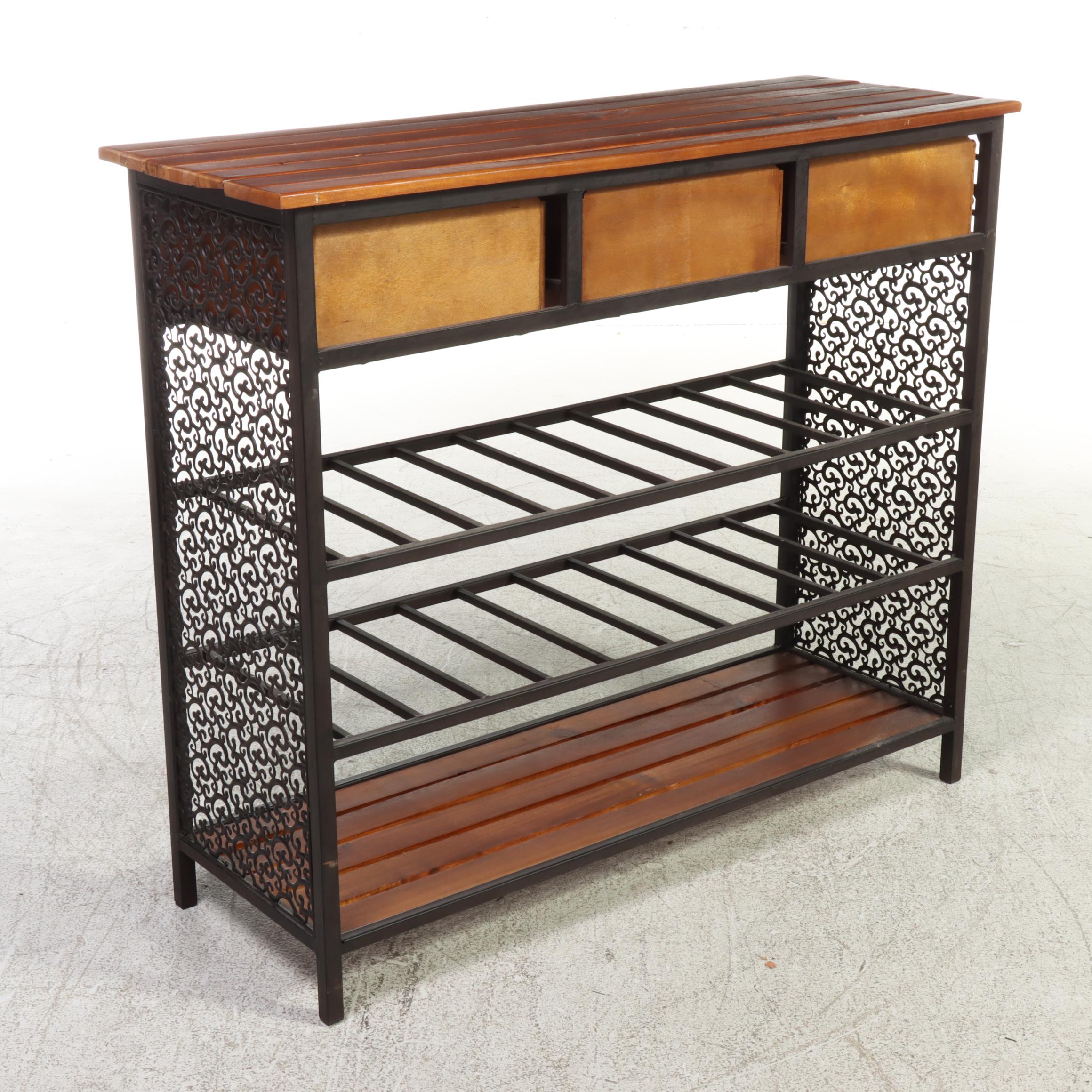 Contemporary Wood Slat and Openwork Metal Hall Table
