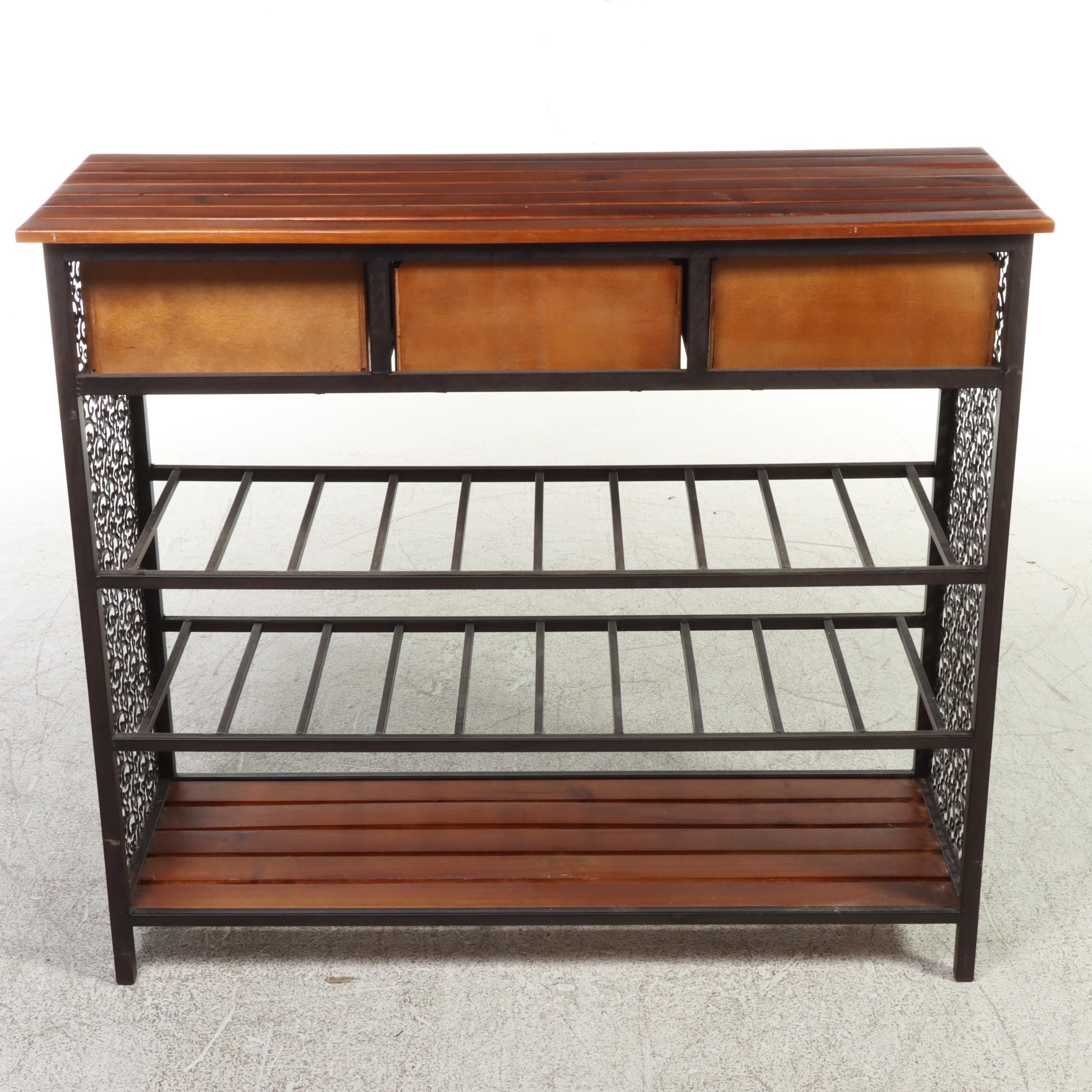 Contemporary Wood Slat and Openwork Metal Hall Table