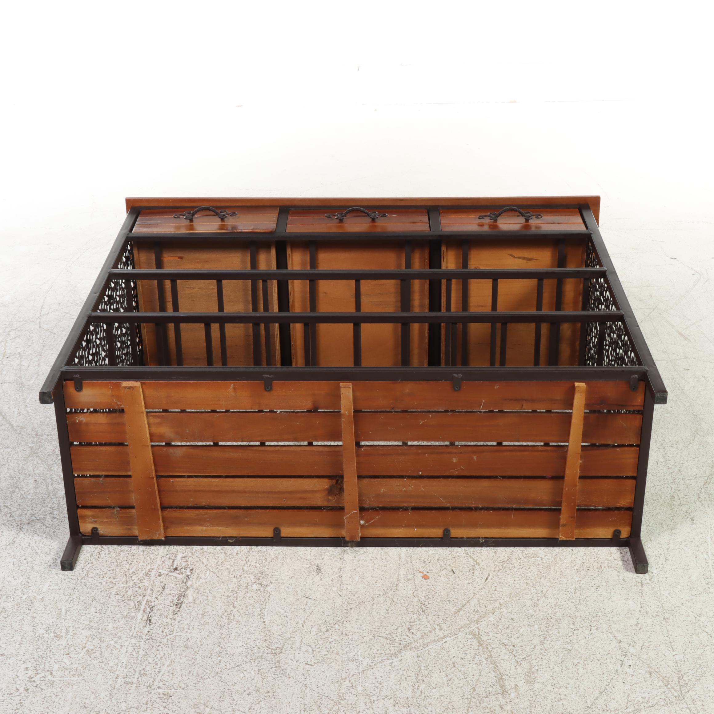 Contemporary Wood Slat and Openwork Metal Hall Table