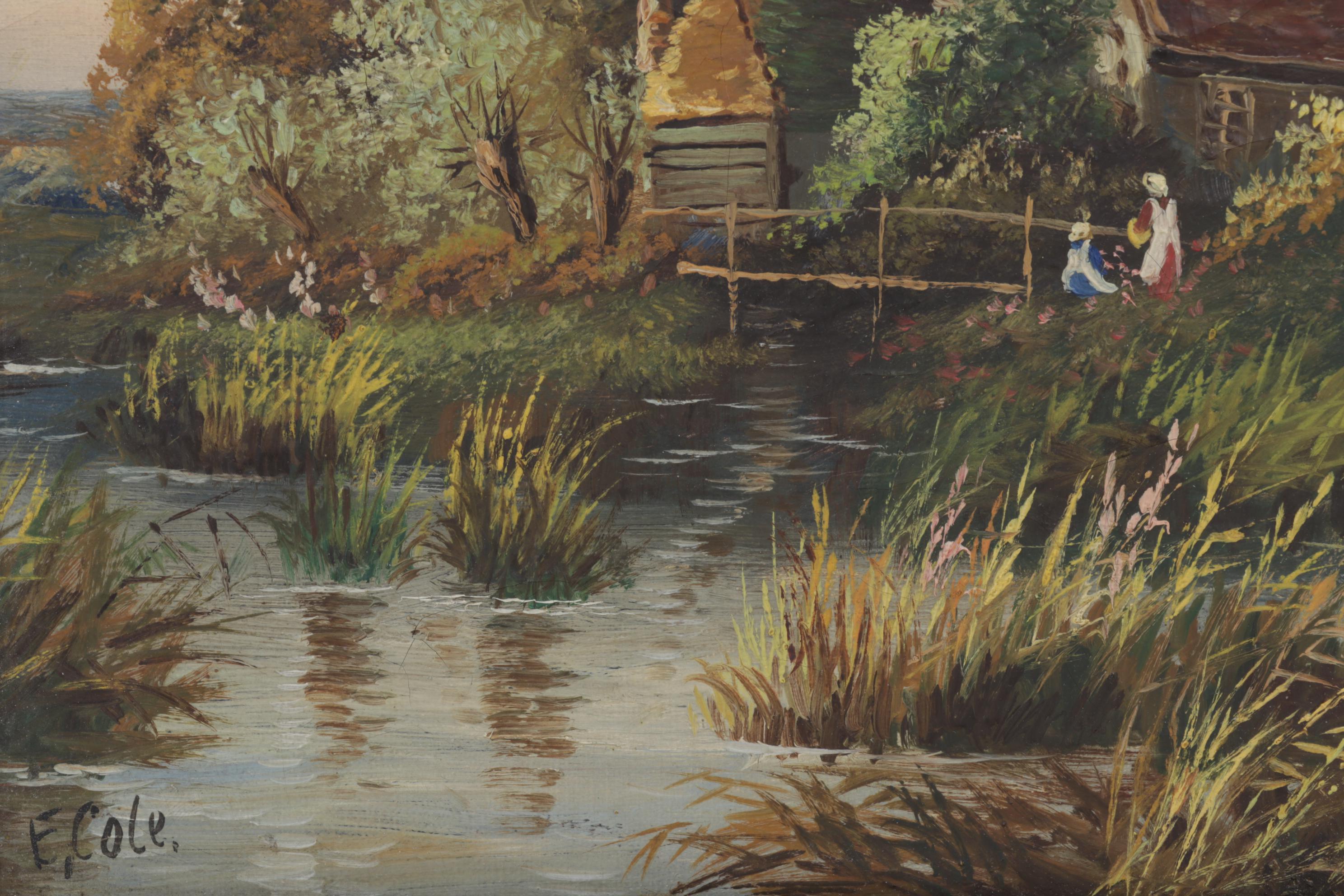 E. Cole Oil Painting of Cottage Beside Marshy Pond, Early 20th Century